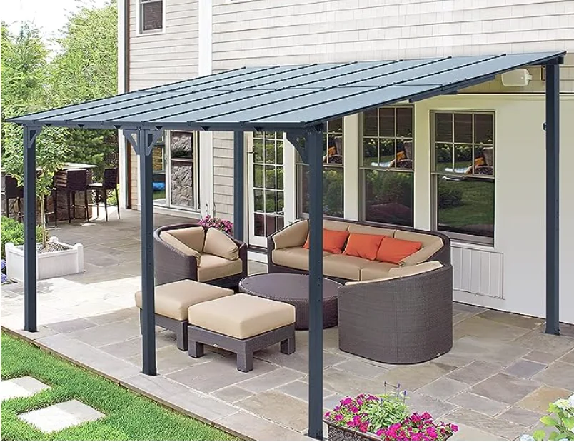 12'x20' Outdoor Hardtop Gazebo, Lean-to Pergola With Roof for Lawn Patio Deck Yard Party(12' x 20'/Grey) - Image 3