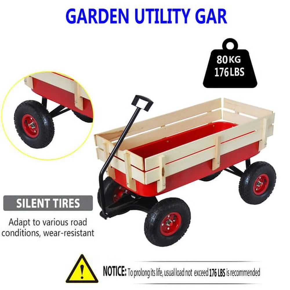 CLEARANCE! Outdoor Sport Red Wagon All Terrain Pulling w/Removable Wooden Side Panels Air Tires Big Foot Panel Wagon 330 lbs. Weight Capacity Sturdy All Steel Wagon Bed Kids' Pull-Along Wagons (Red)(176 lbs/Red) - Image 7