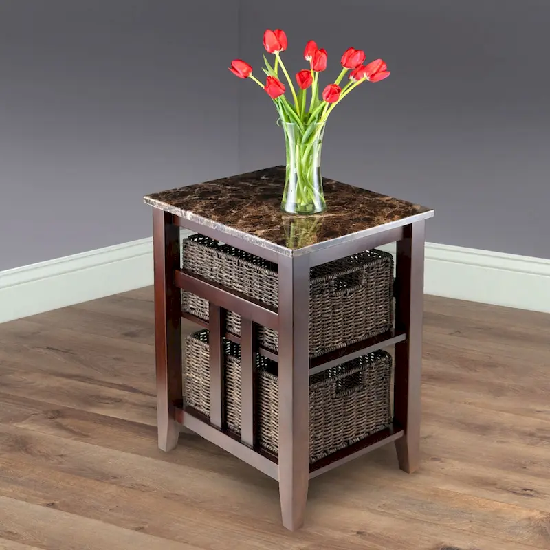 Side Table with Faux Marble Top and 2 Woven Baskets