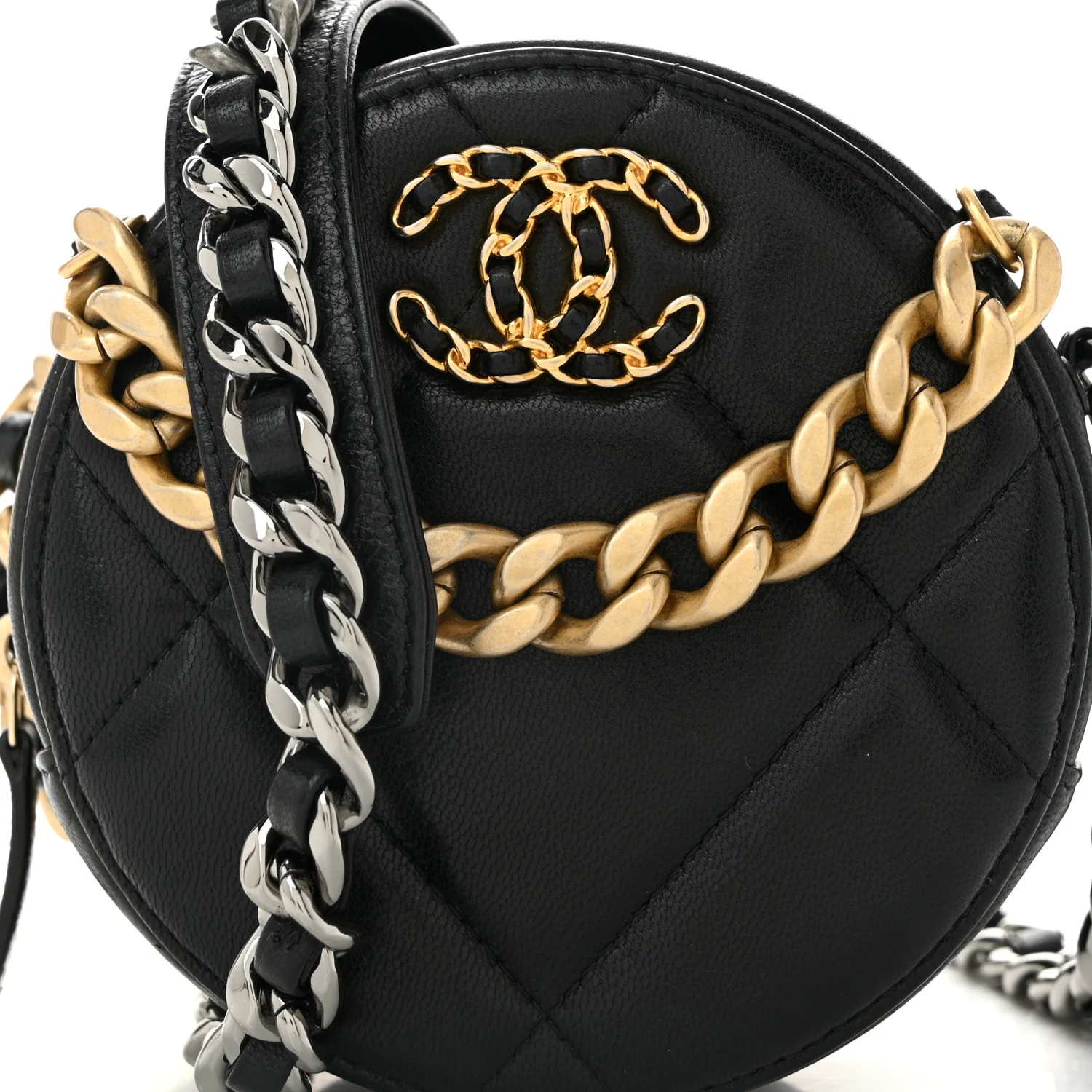 Shiny Goatskin Quilted Chanel 19 Round Clutch With Chain Black