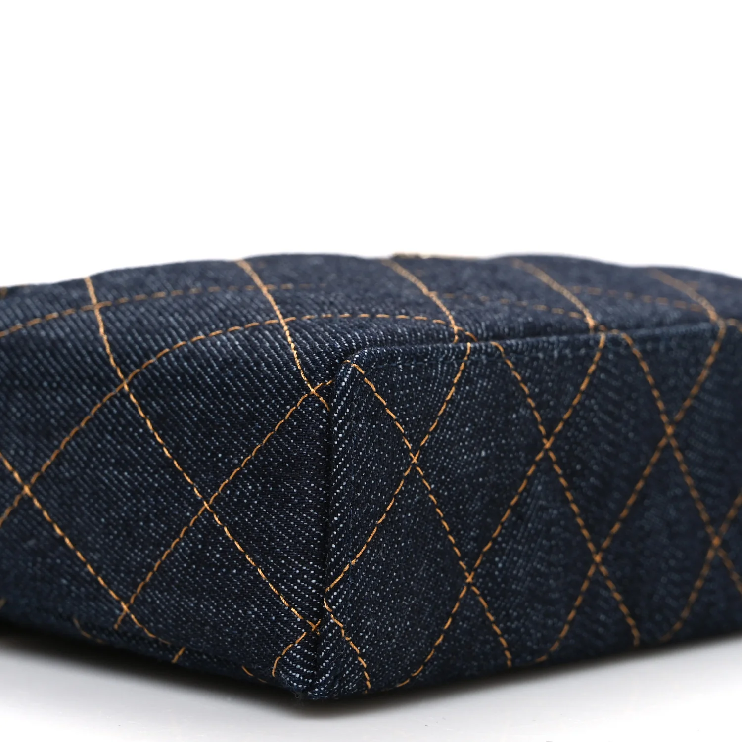 Denim Quilted Top Handle Slim Vanity Case With Chain Dark Blue Orange
