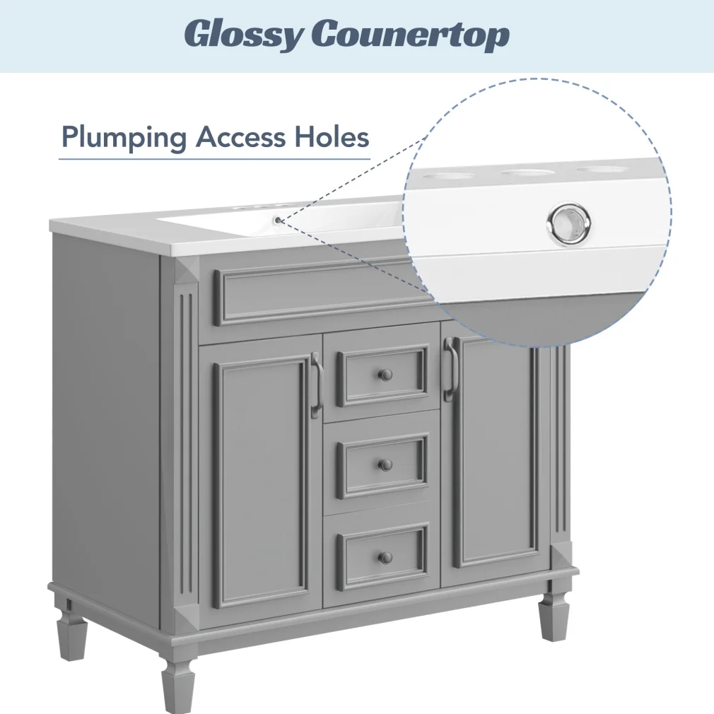 36'' Bathroom Vanity Set, Undermount Bathroom Cabinet and Mirror Cabinet, Ceramic Sink Top, Storage Cabinet with 2 Soft Closing Doors and 2 Drawers, Vanity Cabinet Set, Suit for 4'' Faucet, Gray(Mirror Cabinet+Vanity Table/Grey) - Image 6