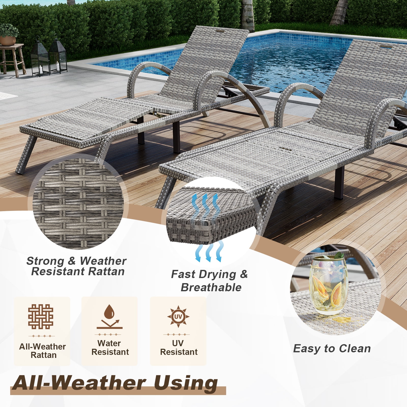 4-Piece Outdoor Lounge Chairs, Pool Chairs with Adjustable 5 Position Backrest, PE Rattan Chaise for Backyard Porch Deck (Gray)(4/Gray) - Image 6