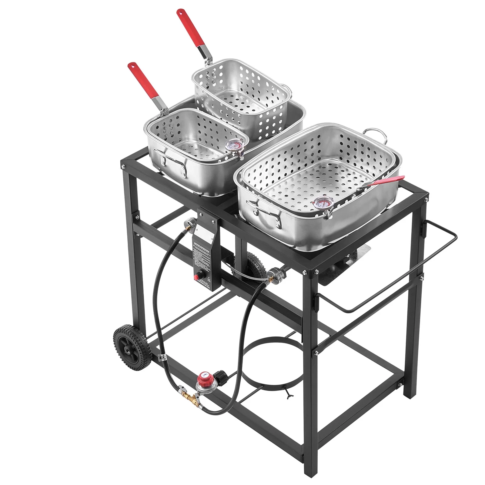 Outdoor Propane Deep Fryer, Dual-Tank 18QT x 2 Commercial Fryer, Portable Frying Cart with Wheels, 3 Baskets, 2 Thermometers, Stainless Steel Cooker for Fish, Wings, and Fries, 40,000 BTU - Image 9