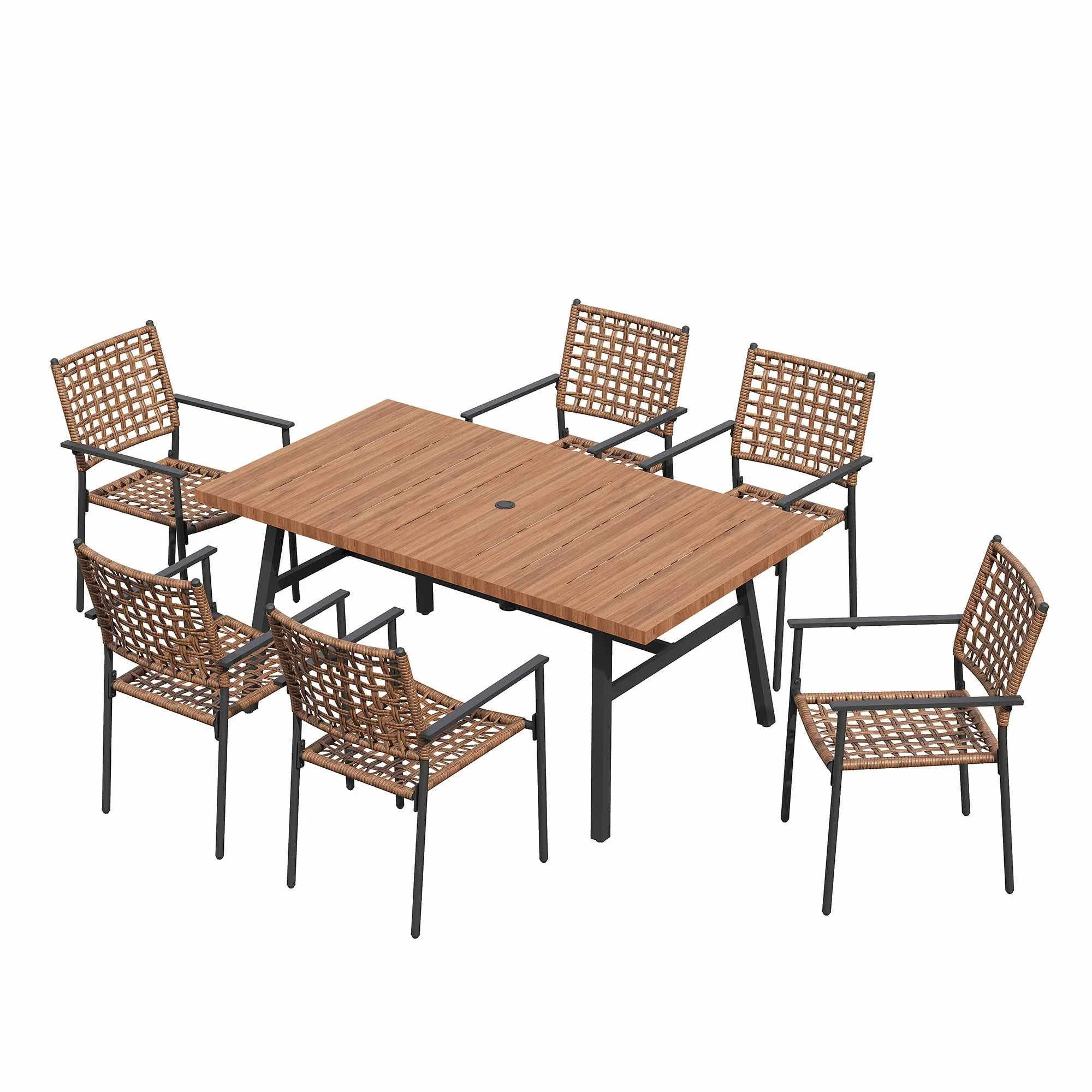LAUSAINT HOME 7-Piece Outdoor Patio Dining Set, Rattan Chair and Wood-Grain Table, All-Weather Furniture for Garden or Backyard