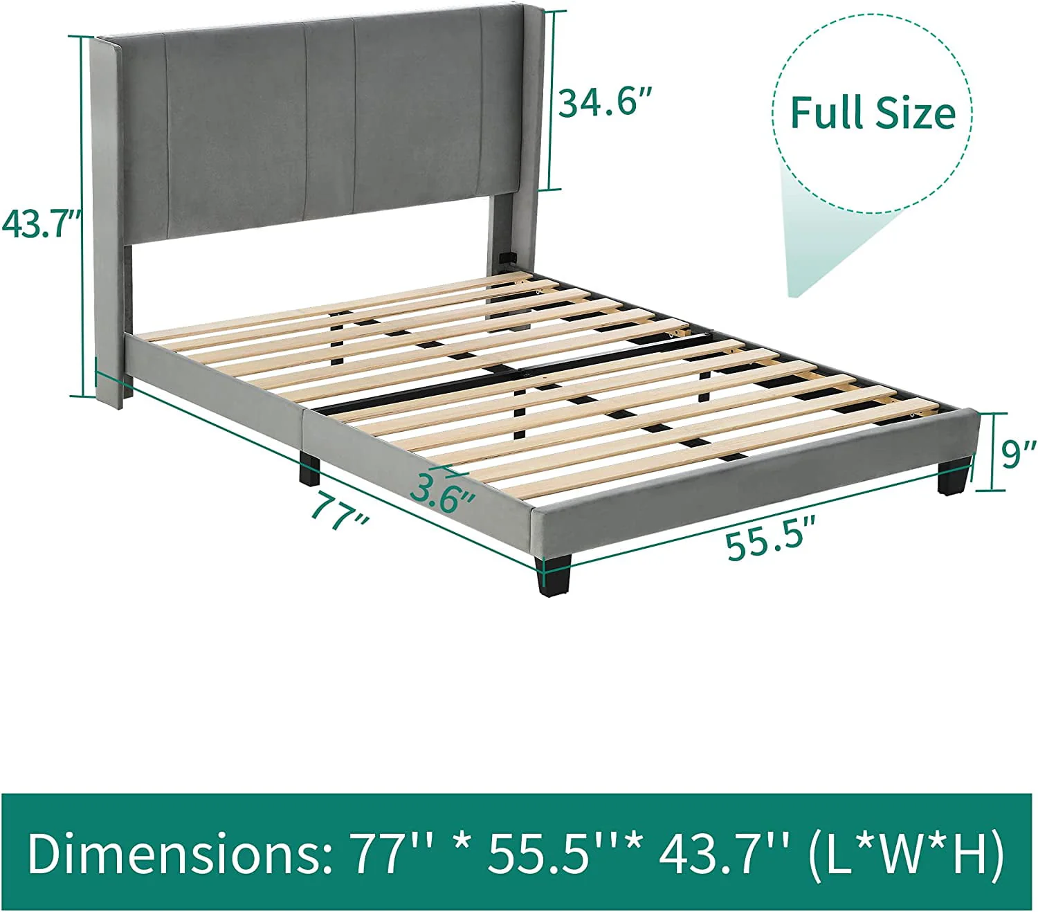 Dextrus Upholstered Wingback Platform Bed with Gray Velvet Headboard, Bed Frame with Wood Slat / No Box Spring Needed / Mattress Foundation, Full