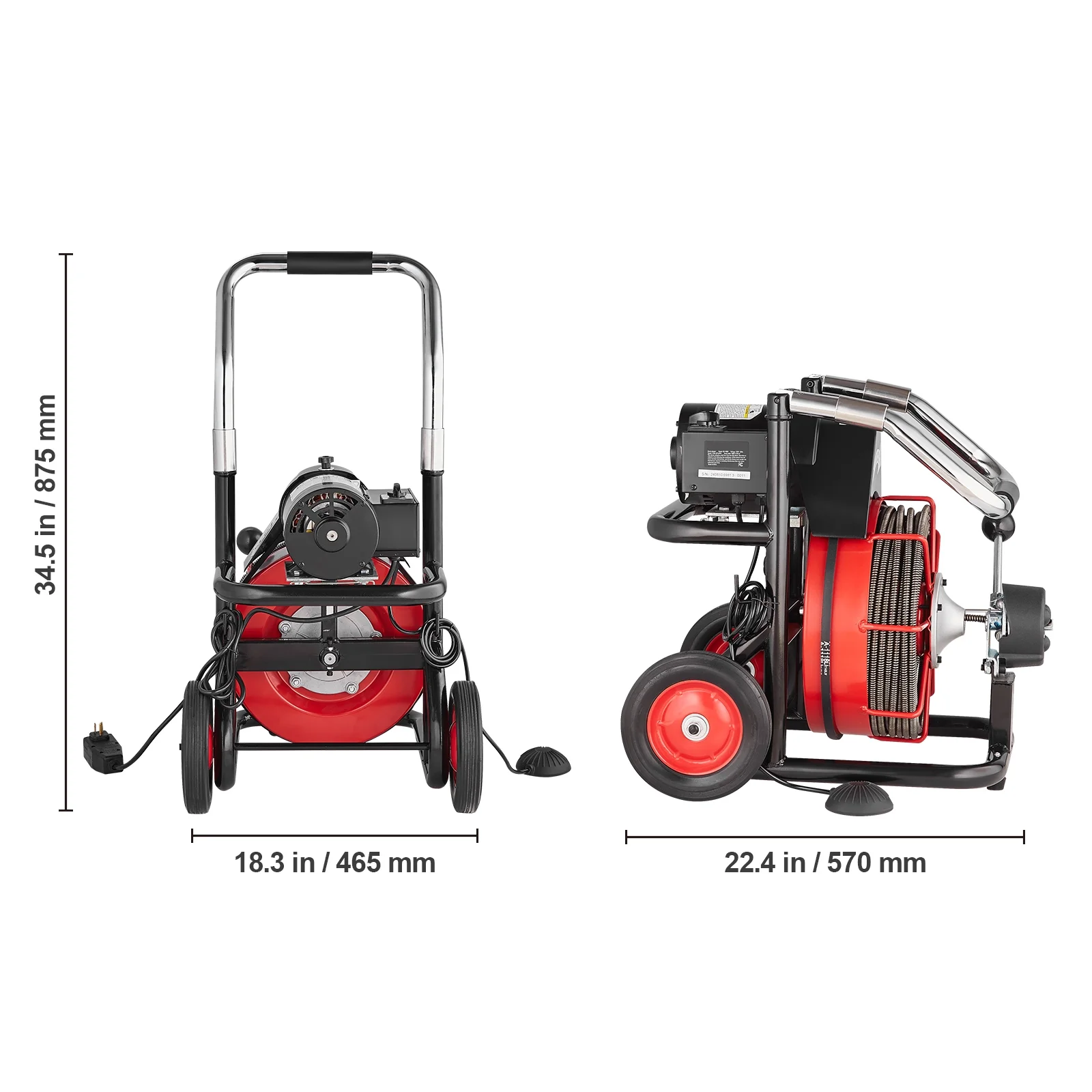 Drain Cleaner Machine, 100FT x 3/8 Inch with Auto Feed, 370W, Portable on Wheels, Includes 8 Cutters Air Foot Switch, Cleans 2"-4" Pipes - Image 6