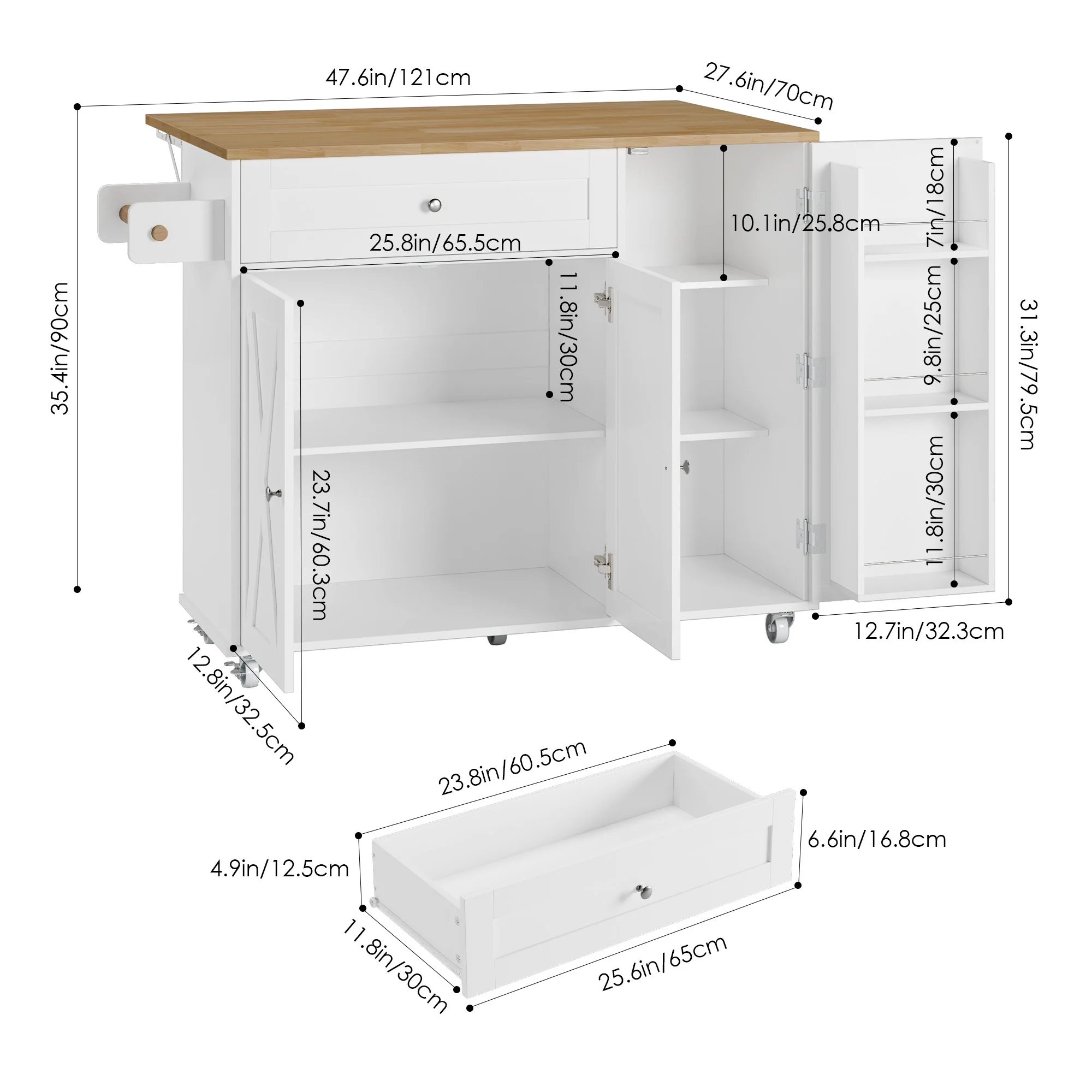 Kitchen Island with Storage, 27.6" W Wood Kitchen Island Cart with Drop Leaf, White Rolling Cart with Lockable Wheels - Image 5
