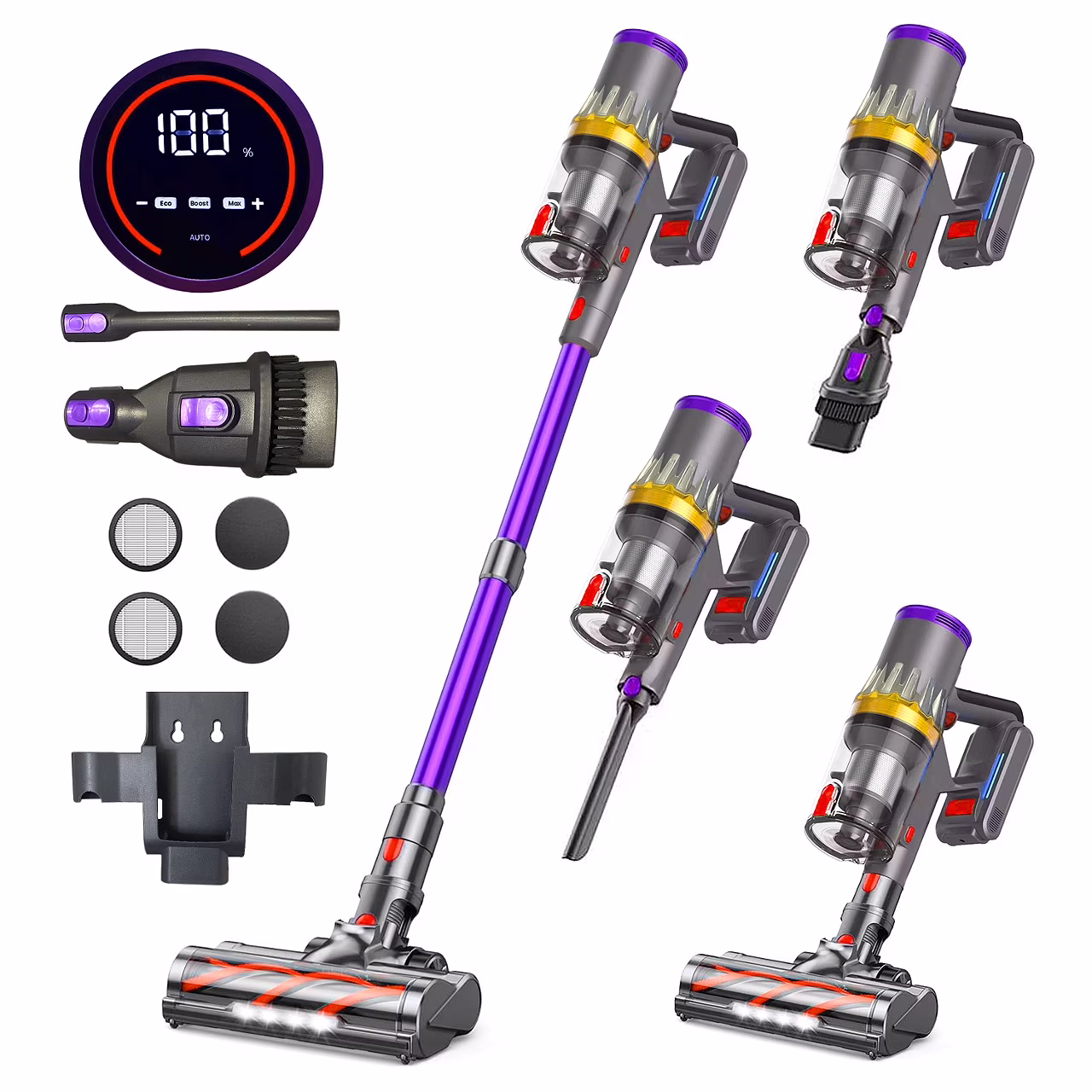 Cordless Vacuum Cleaner 38KPa/450W with Upto 90Mins Runtime | Powerful Stick Vacuum Cleaner with 2 Hepa Filters-Wall Mounted-Touchscreen-Anti-Tangle Brush for Hardwood Floor-Carpet-Pet Hair
