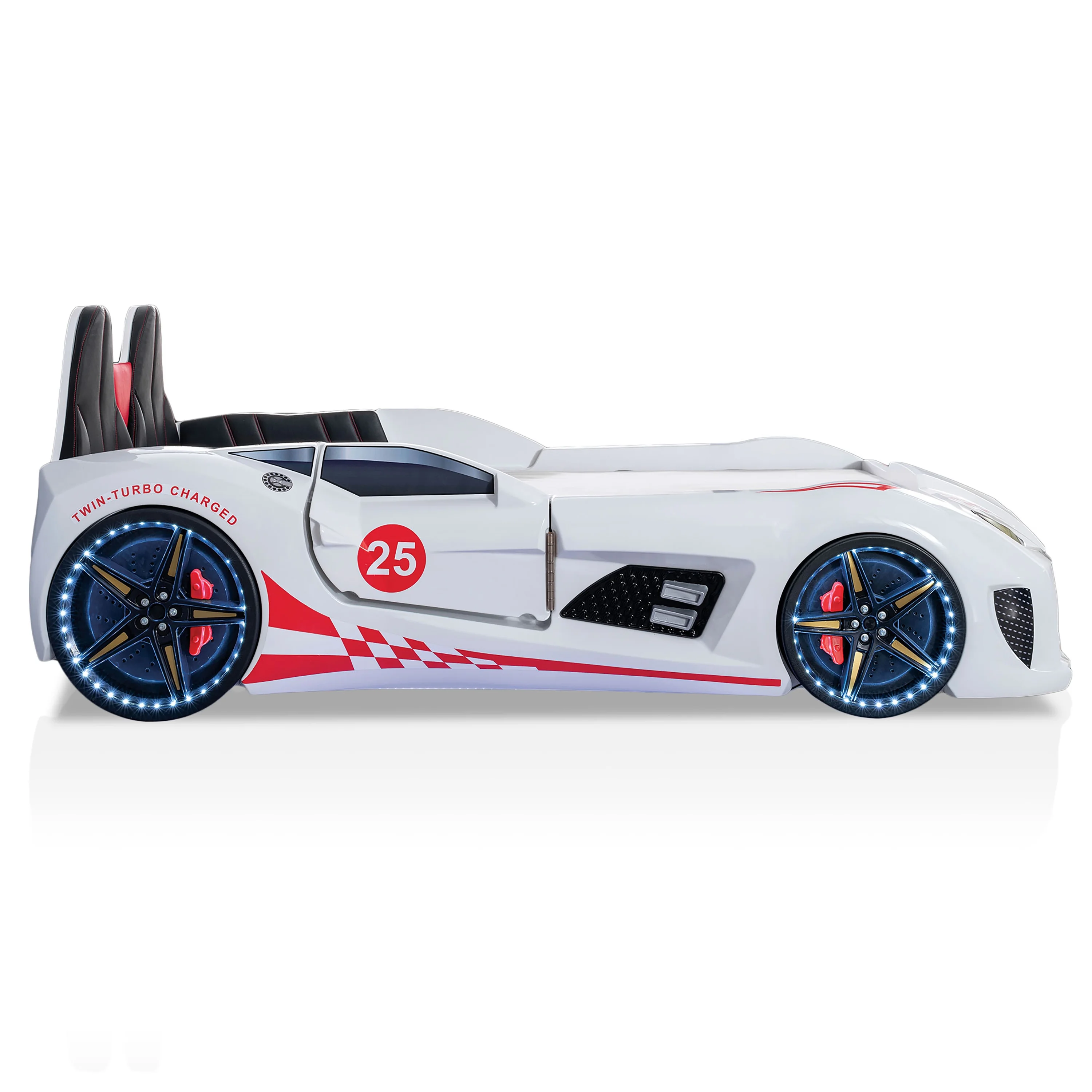Dash Kids Plastic Twin Race Car Bed with LED and Sound, White(White) - Image 6