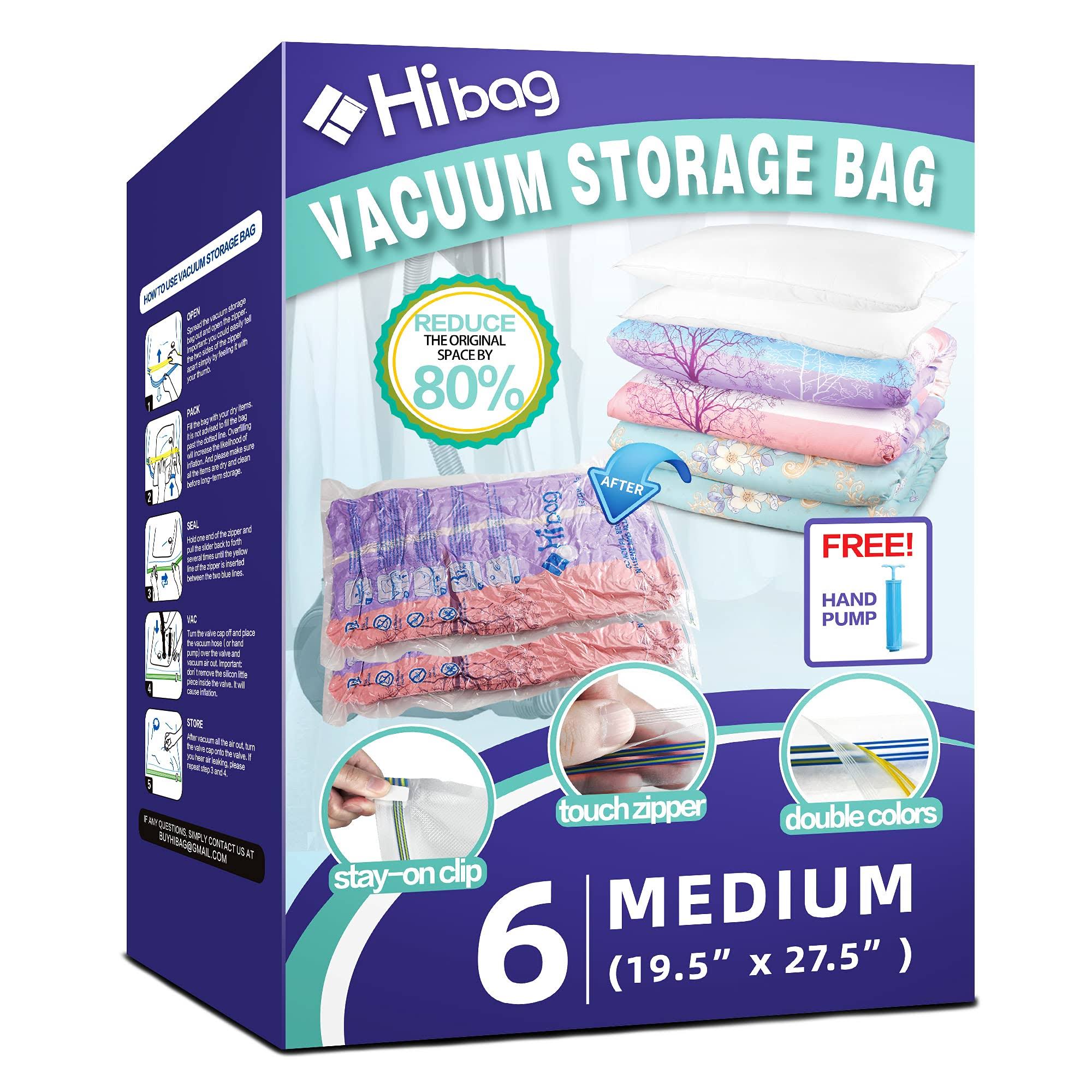 Hibag 6 Pack Vacuum Storage Bags for Clothes, Clothes Vacuum Bags Save 80% Space, Work with Vacuum Cleaner, Travel Hand Pump Included
