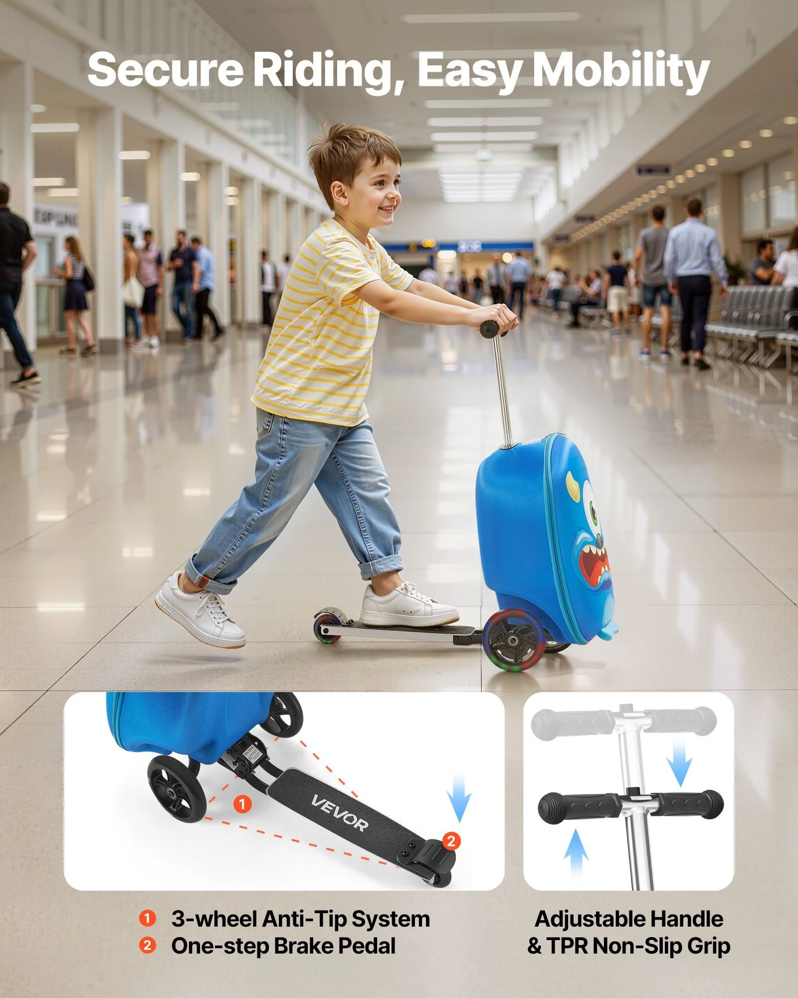 Ride-on Luggage 20-inch Kids Scooter Suitcase with Flash Wheels Blue - Image 3