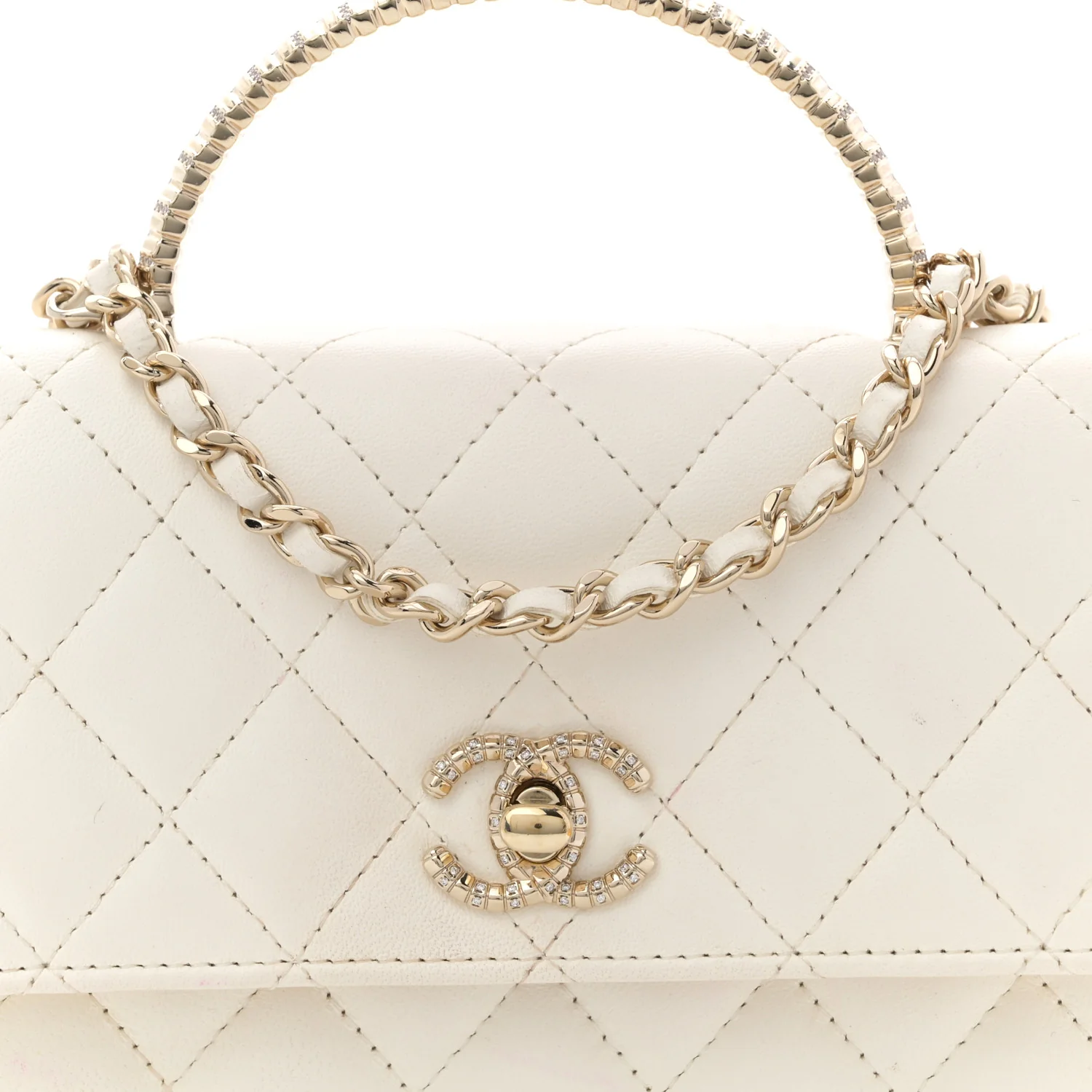 Lambskin Quilted Crystal Top Handle Rectangular Flap White