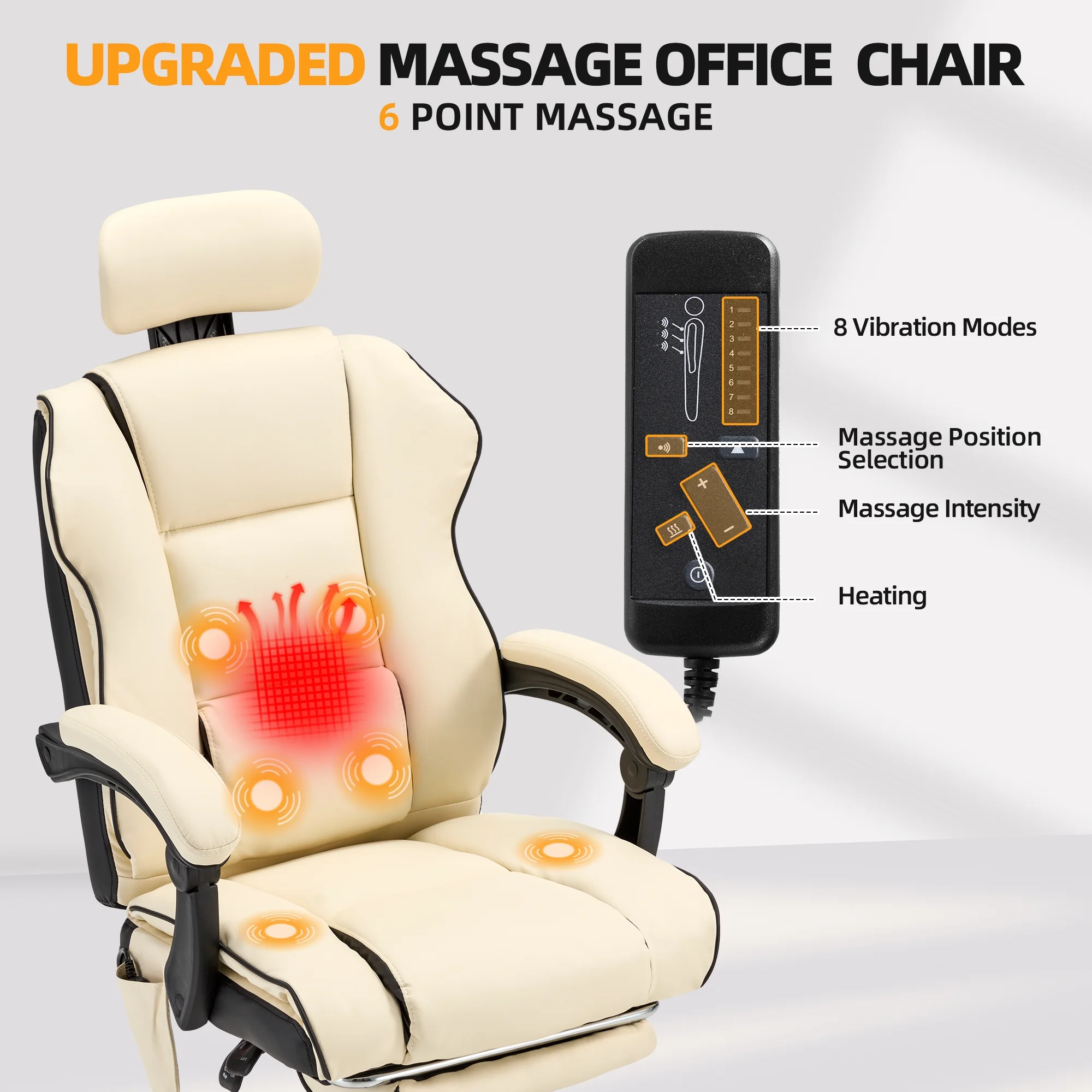 HOMREST 6 - Point Massage Office Chair with Footrest, Heated Executive Office Chair with Reclining Backrest, Ergonomic Gaming Chair with Padded Armrest, Off - White