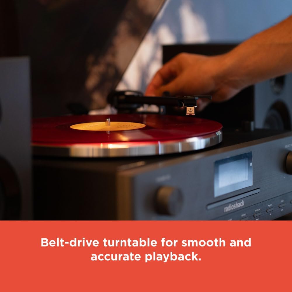 RadioShack Professional Turntable with Speakers  3-Speed Belt-Drive Vinyl Player  Bluetooth Input and Output  FM Radio  CD and USB Playback  Detachable Speakers  Anti-Skating System  Model 4001798