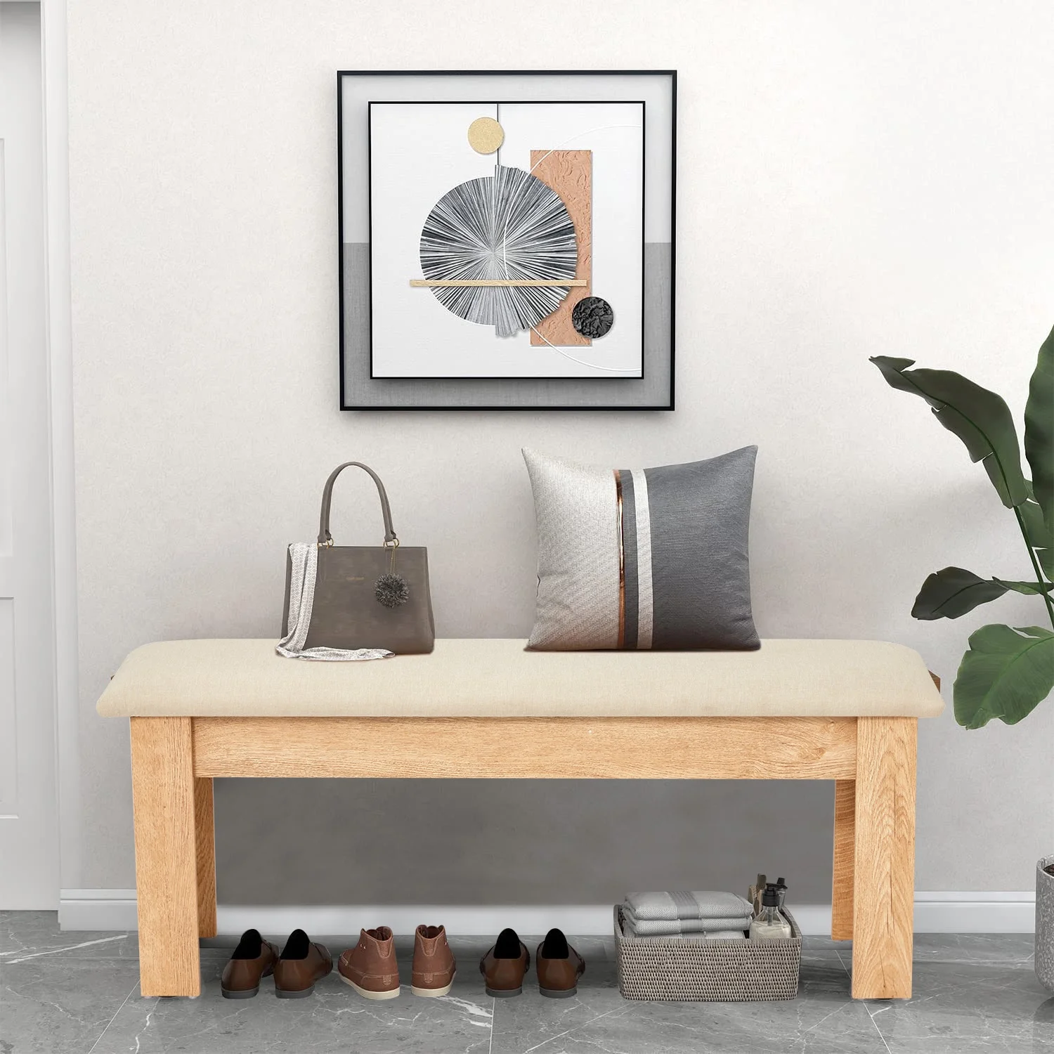 44" Dining Room Bench Set of 2, Wood Linen Fabric Kitchen Benches, Beige Natural(Beige Bench) - Image 2