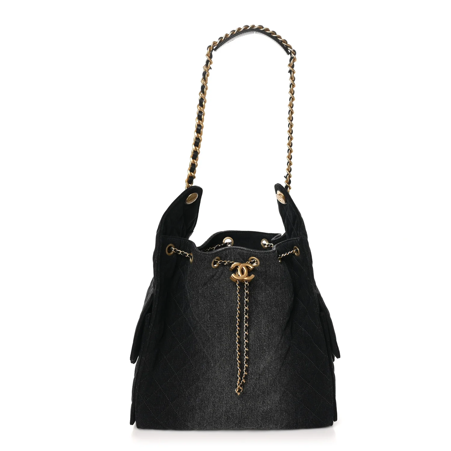 Washed Denim Quilted Medium Chanel 25 Handbag Black