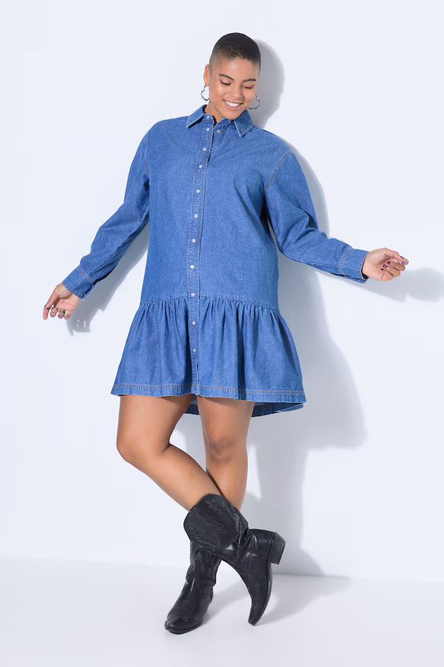 Flounce Hem Long Sleeve Denim Dress