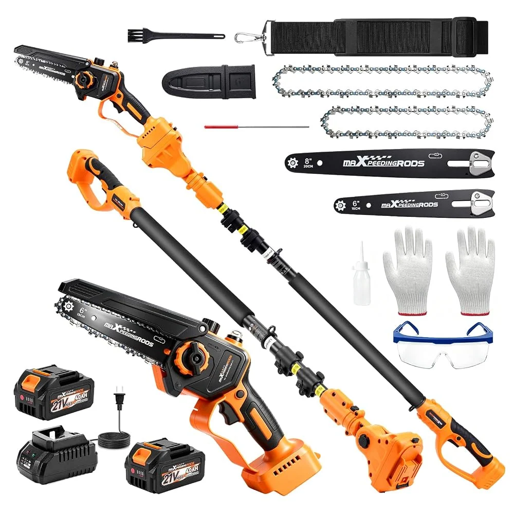 maXpeedingrods 4-In-1 Electric Pole Saws for Tree Trimming with 2×4.0Ah Batteries, 8 Inch & 6 Inch Mini Chainsaw Cordless with 15.7ft Reach, 180° Adjustable Angle Brushless Chainsaw with Chain Cover