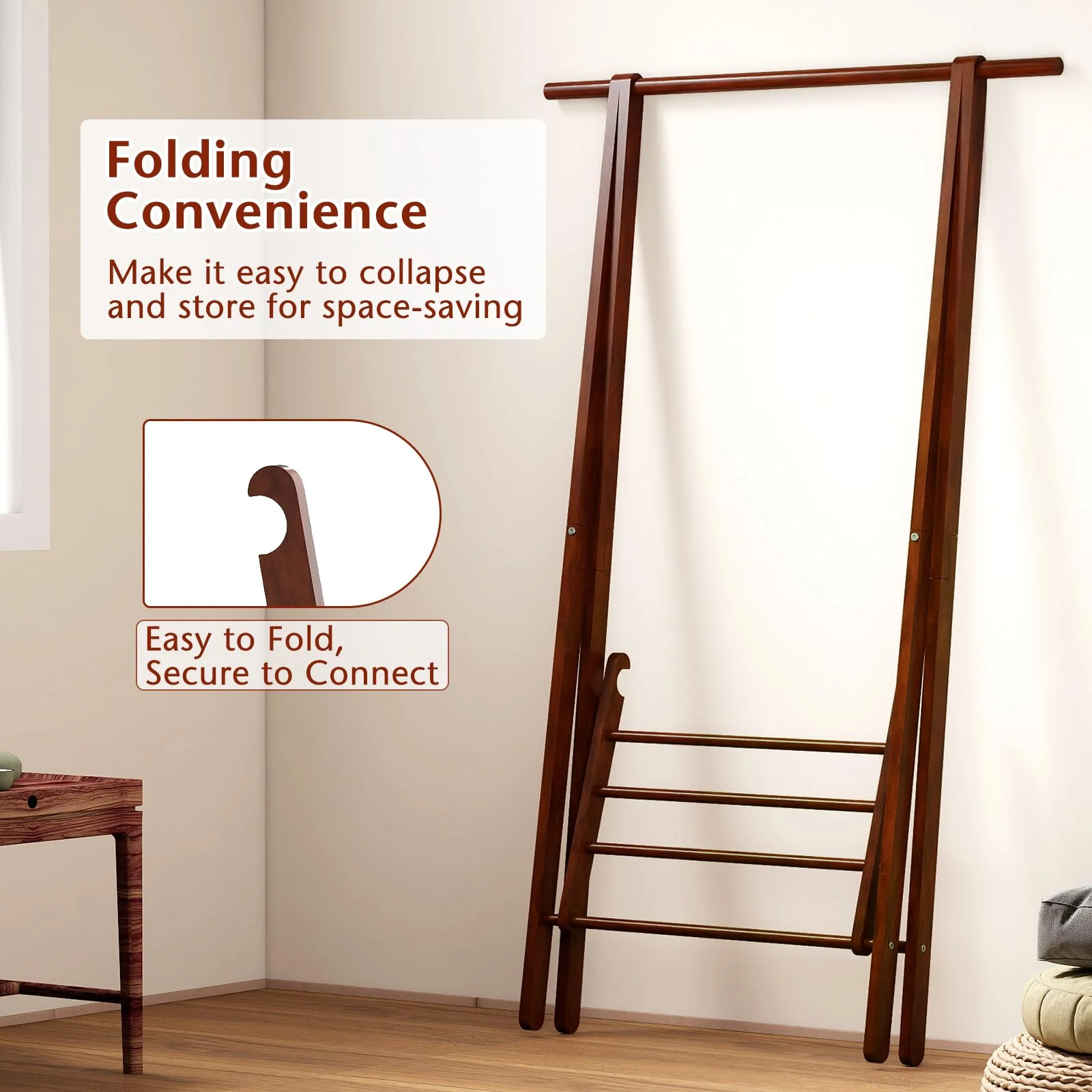 Tangkula Folding Rubber Wood Clothes Hanging Rack