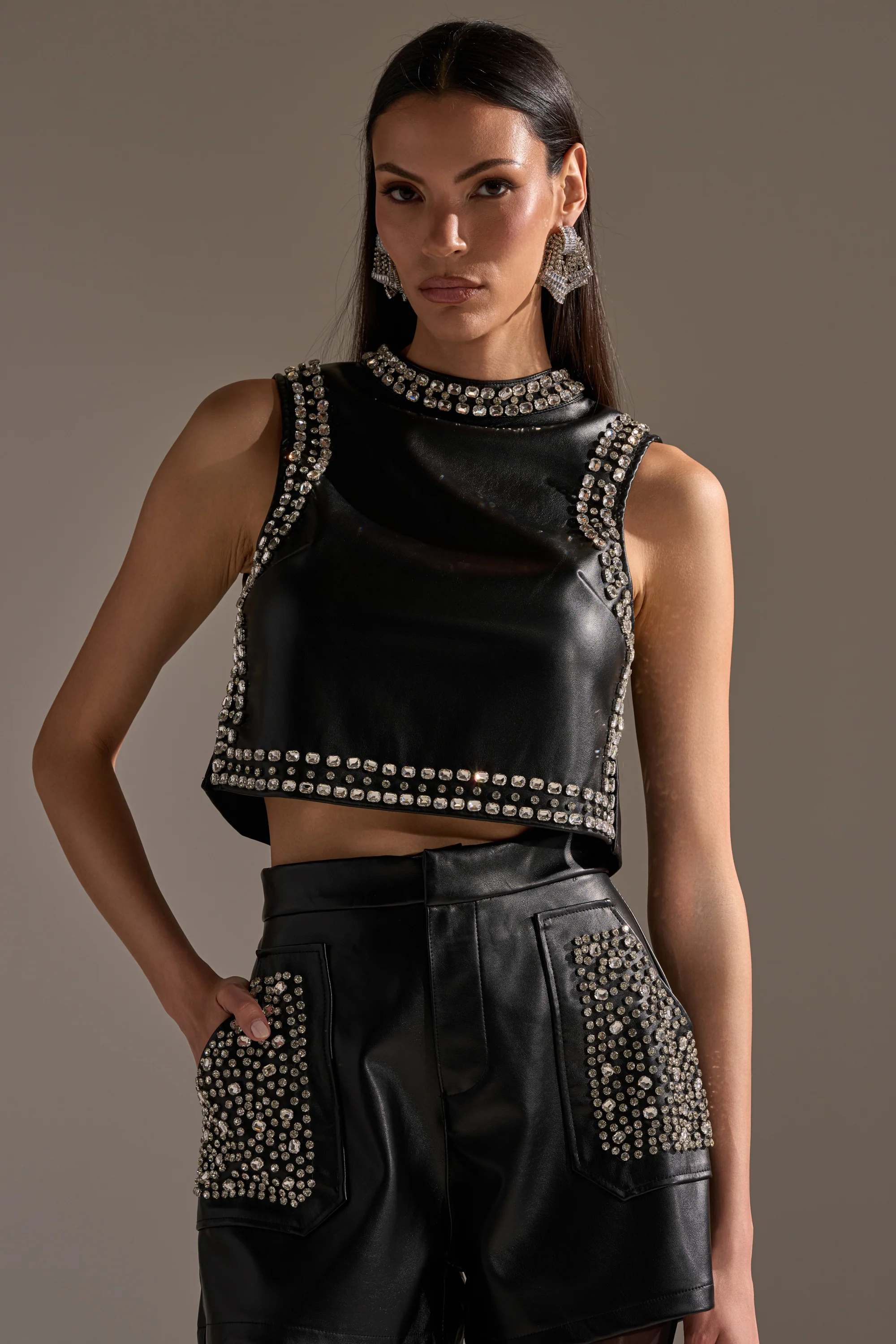 DANCE THE NIGHT AWAY FAUX LEATHER RHINESTONE BLOUSE - Akira Store