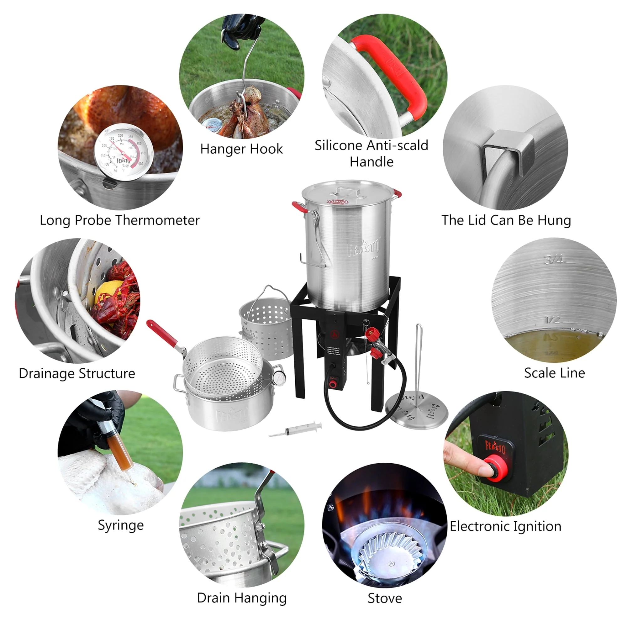 FEASTO Turkey Fryer and Fish Boiler Set with 30 Qt and 10 Qt Aluminum Pots Set, Auto Ignition,55000BTU Propane Burner for Outdoor Cooking Image 9