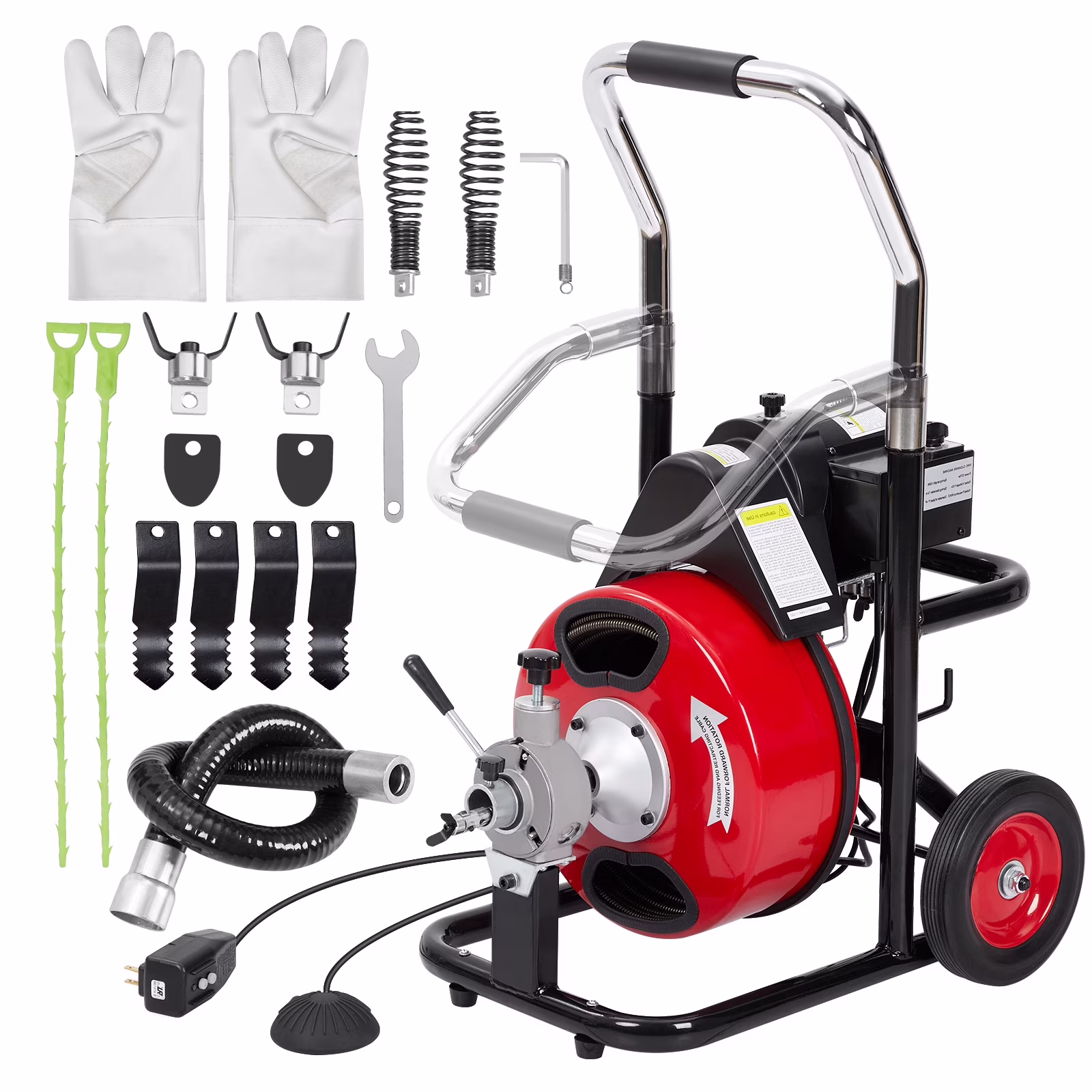 Drain Cleaner Machine 50FT/75FT/100FT x 3/8-inch/1/2-inch Sewer Auger Electric Drain Auger Sewer Snake with 4 Cutter, Air-Activated Foot Switch, Gloves(250W-50FT-1/2inch) - Image 10