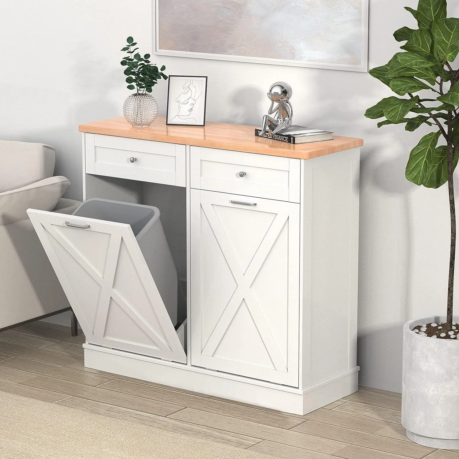 Double Tilt Out Trash Cabinet, Wooden Free Standing Laundry Sorter Cabinet, with Hideaway Drawer, White(White/20 gal) - Image 4