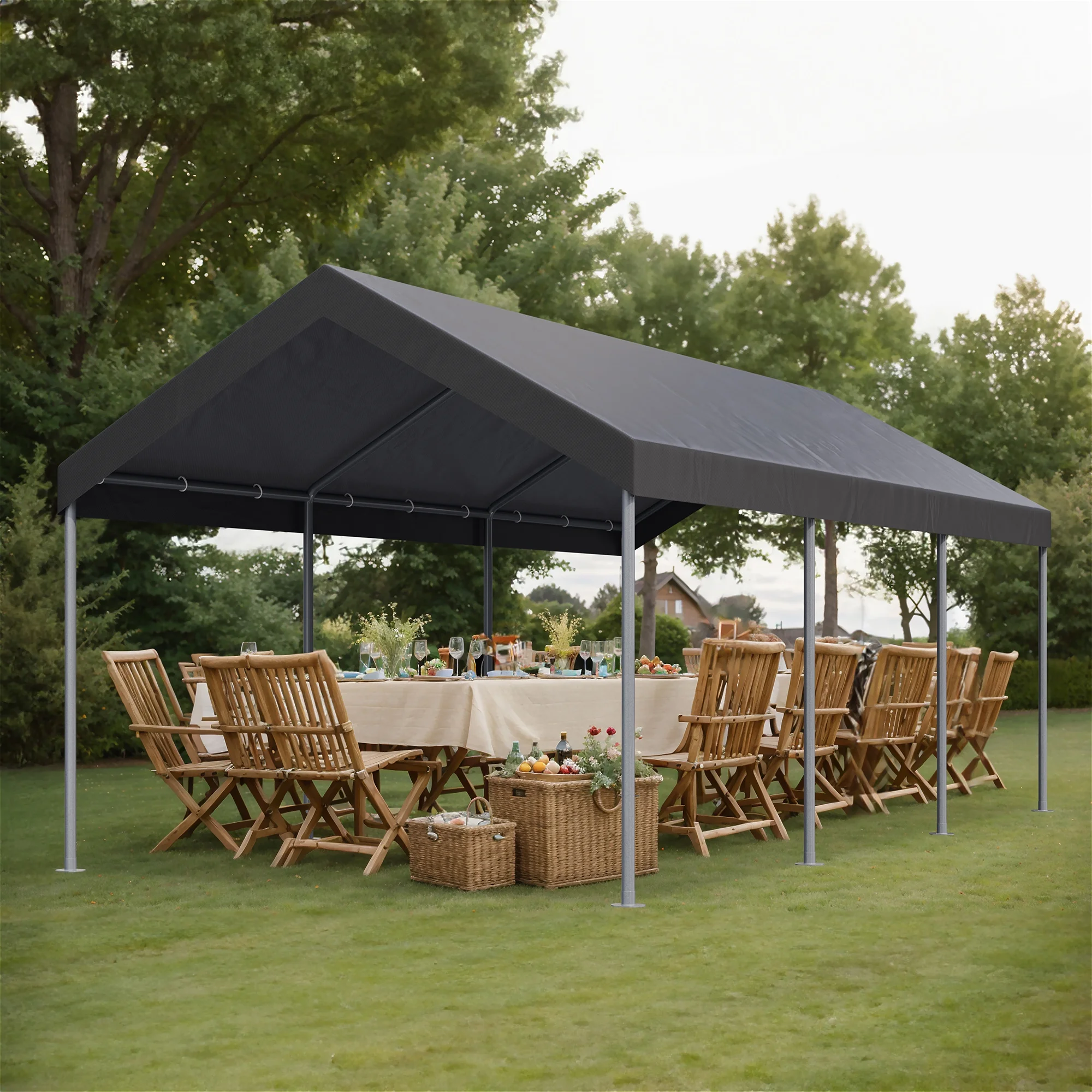 Carport 10 x 20 ft Heavy Duty Carport Car Canopy with Powder-Coated Steel Frame, Portable Garage for Car, Boat, Shelter Party Tent with 180g PE Tarp Gray(Gray) - Image 4