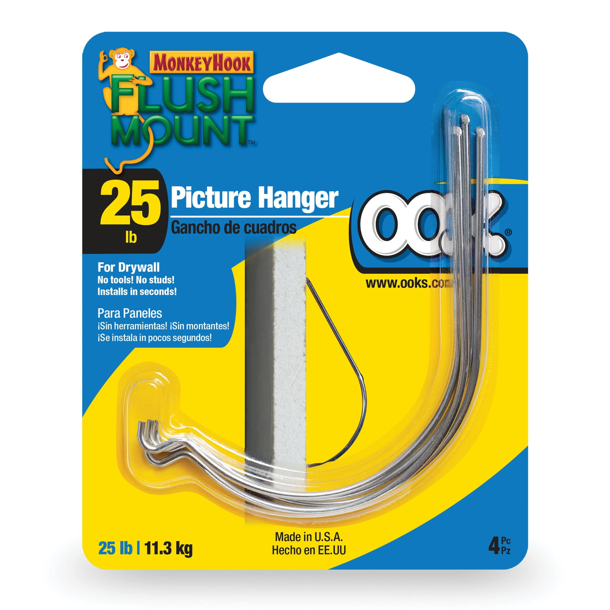 Ook Flush Mount Monkey Hook Picture Hangers, Drywall, Steel, Tool Free (25lb) 4 Pack