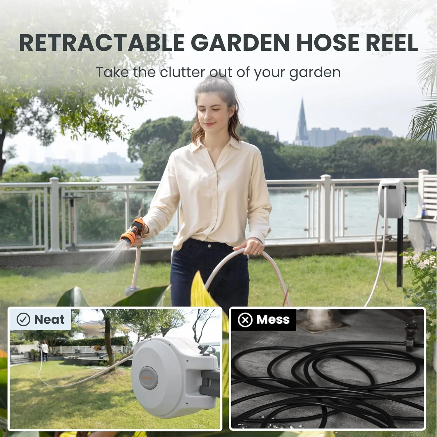 Giraffe Tools Retractable Garden Hose Reel with 1/2in-100ft Water Hose, Plastic Bracket, Wall Mounted, Dark Grey