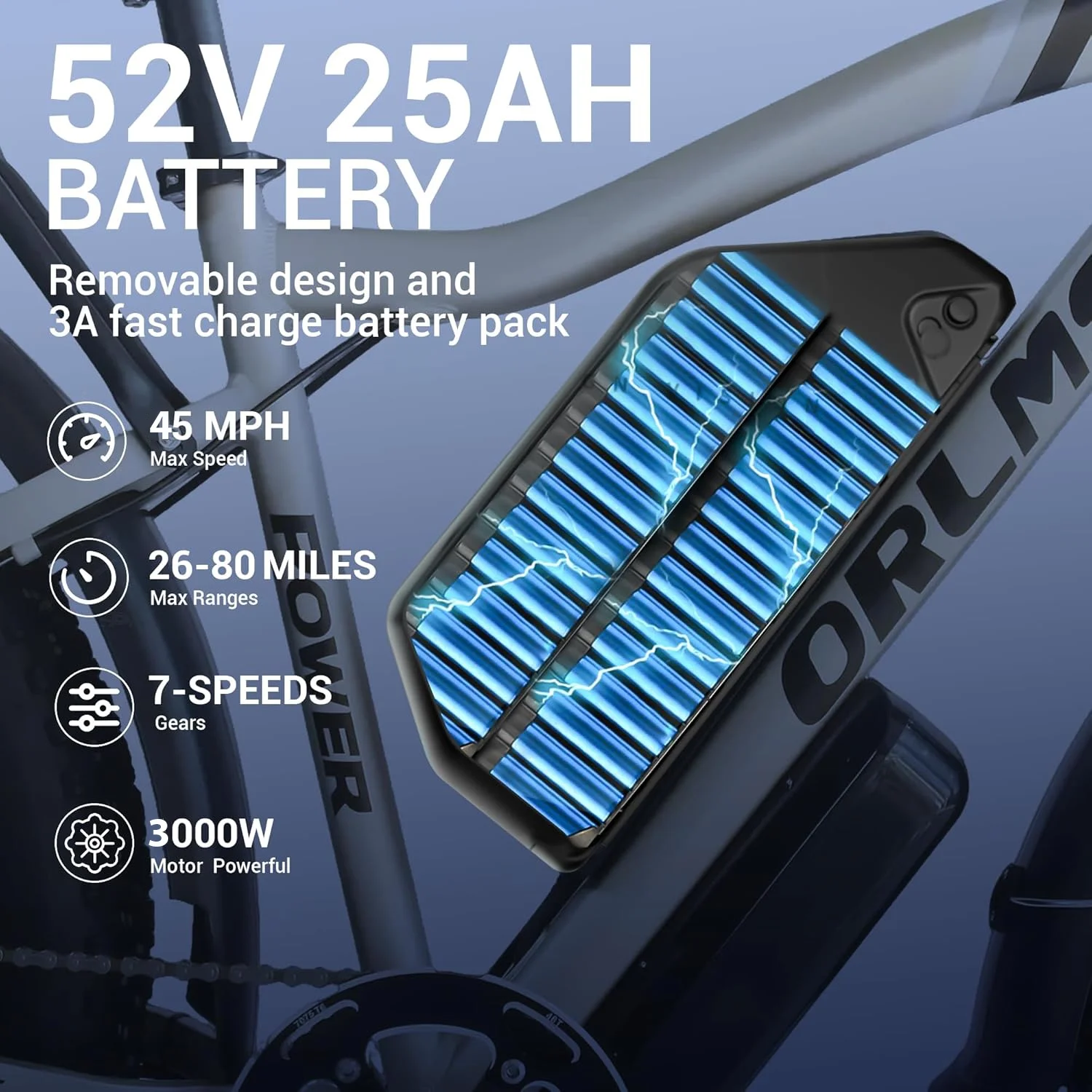 3000W Peak Dual Motor E-Bike, 52V 25AH Battery Elec-tric Bike for Adults, 35MPH Mountain AWD 7-Speed Snow E-Bike with 24" x 4.0 Fat Tire for Mountain Snow Hunting Commuting(Gold) - Image 5