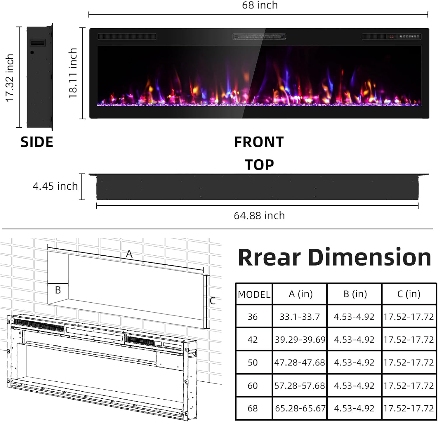 68 inch Electric Fireplace Inserts and Wall Mounted with Remote Control & Touch Screen 1500W Fireplace Heater Ultra Narrow Frame