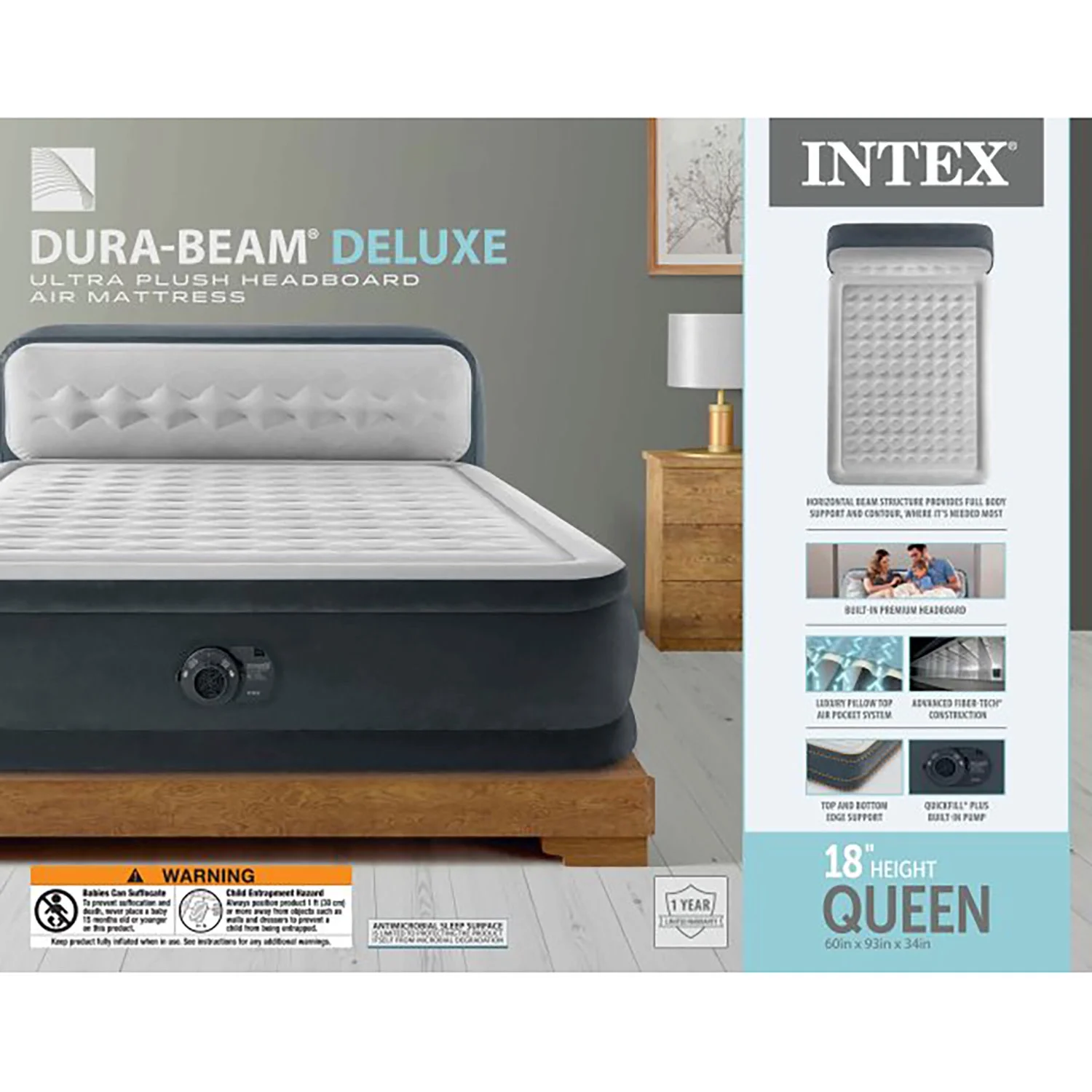 Dura-Beam Deluxe: Ultra Plush Headboard Airbed Queen Gray, 18" Inflatable Mattress, Built-In Pump, Fiber-Tech, Carry Bag, 600lb Cap 64447ED(Queen) - Image 9