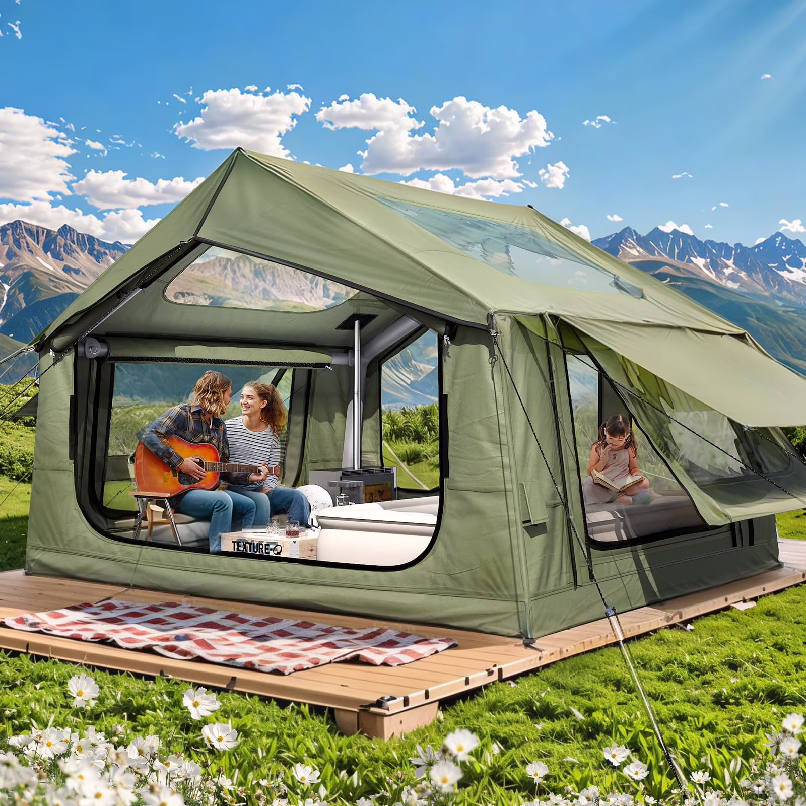 12'x8' Inflatable Tent, 96 SFT Blow Up Tent for Camping, 4 Season Oxford Glamping Tents with Clear Skylight, Pump Stove Jack(300D Oxford-Beige + Skylight) - Image 5
