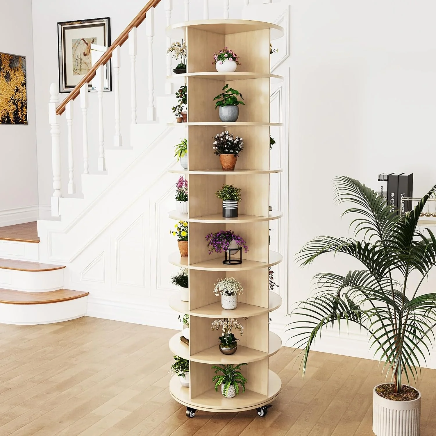 AECOJOY 8 Tier Rotating Shoe Rack, Shoe Tower Organizer with 4 Universal Casters, Fits 28 Pairs of Shoes, Natural