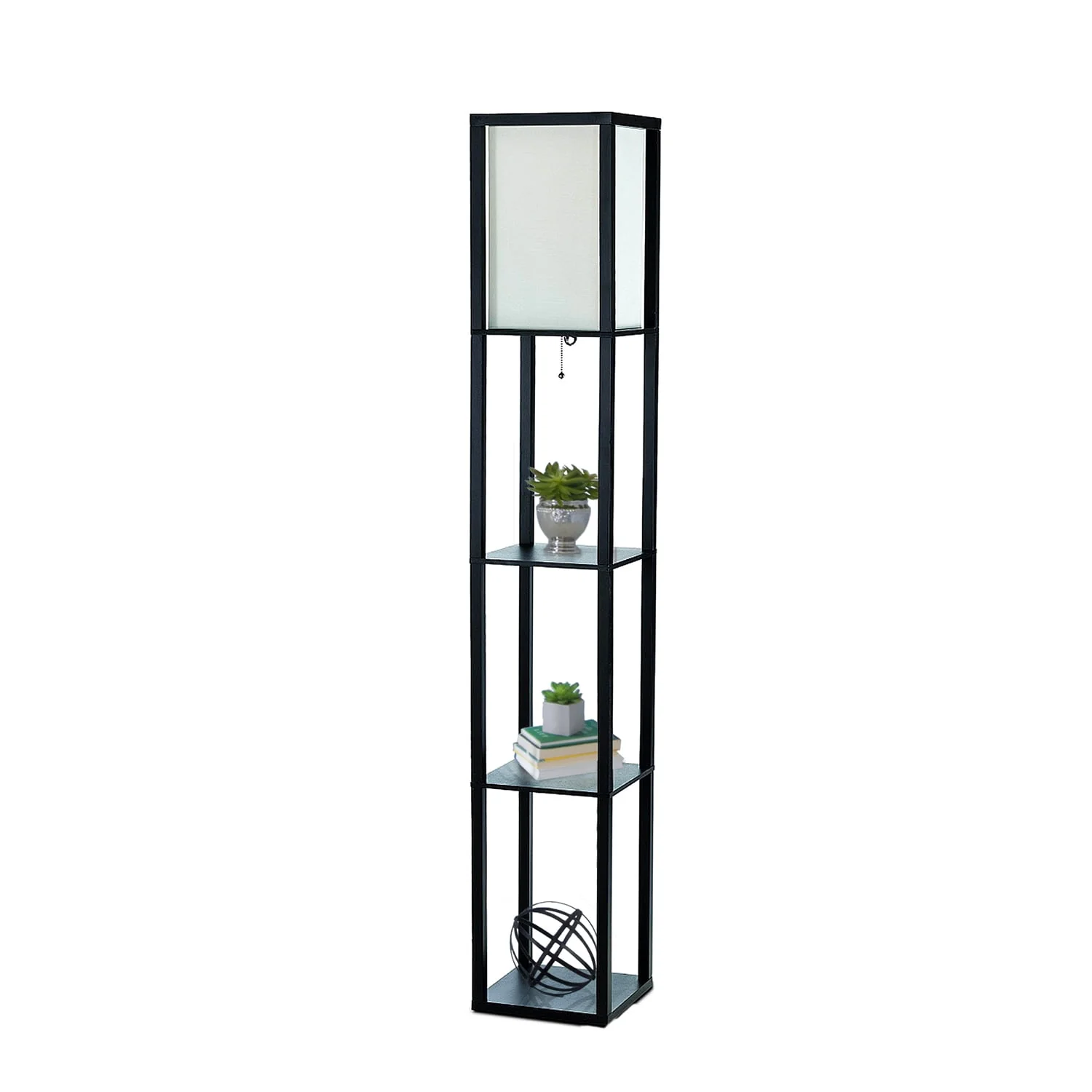 Simple Designs Floor Lamp Etagere Organizer Storage Shelf with Linen Shade, Black Image 7