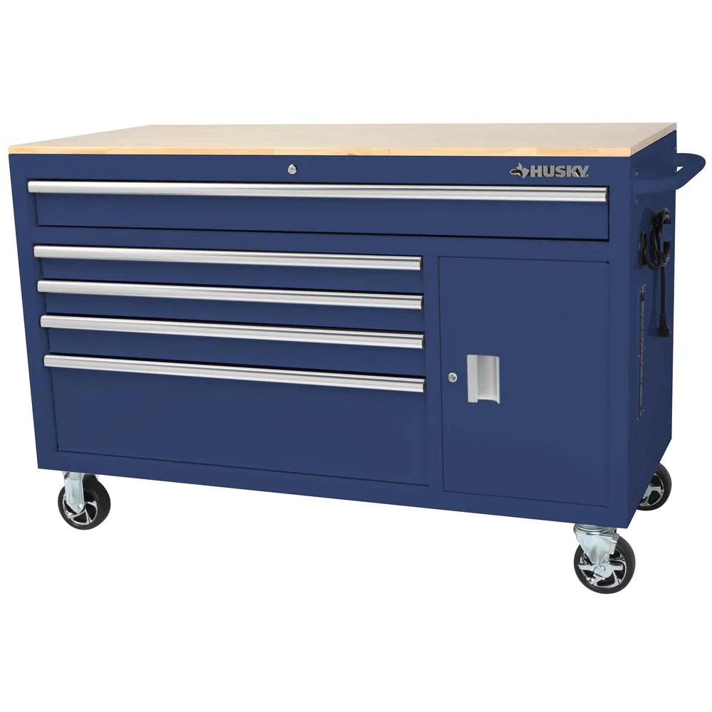 Coffre à outils mobile de 142 cm de large, 5 tiroirs, 1 porte, profond, bleu brillant, plateau en bois dur