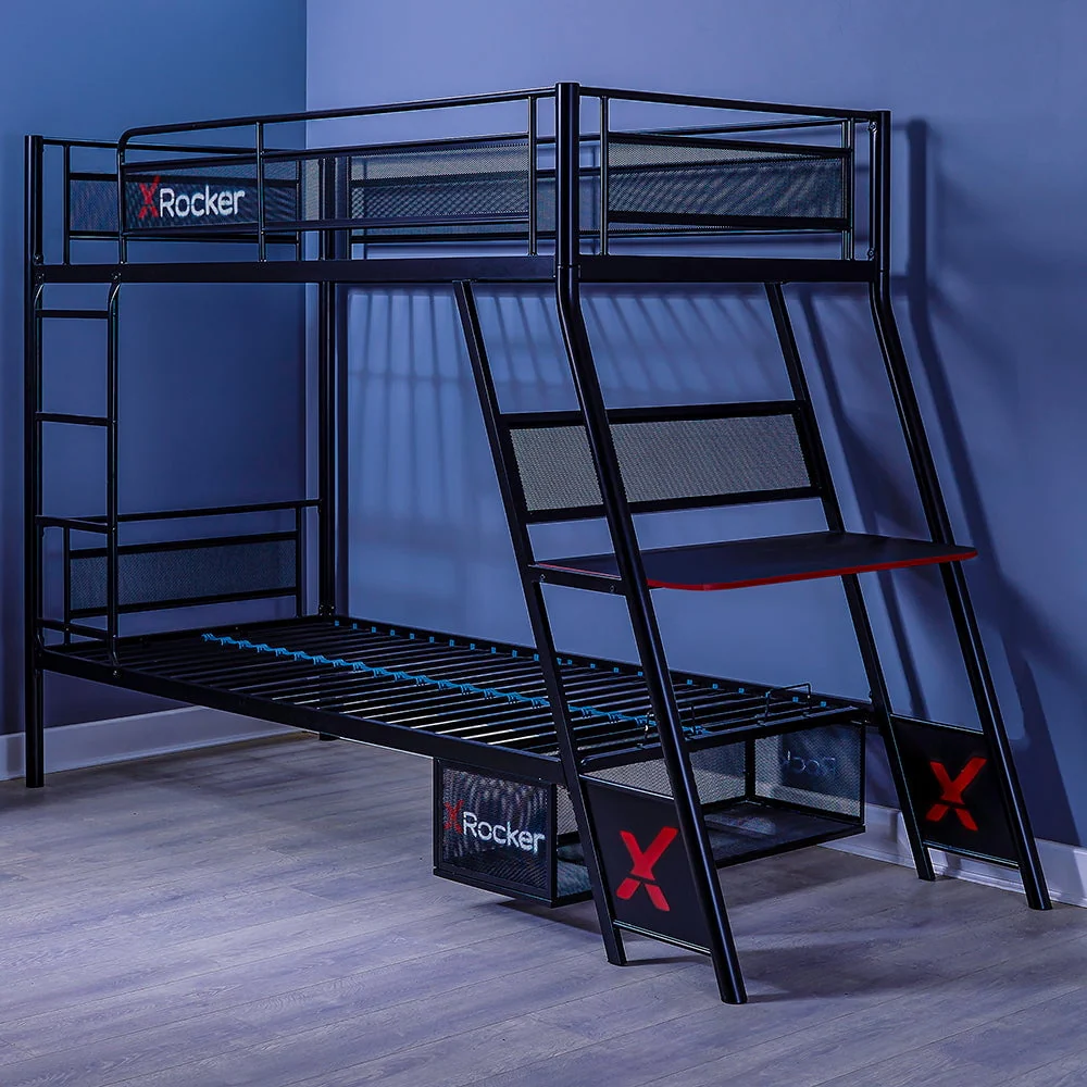 X Rocker Armada Twin Gaming Bunk Bed with Built - in Gaming Desk, Black, Twin/Twin, Children, Teen