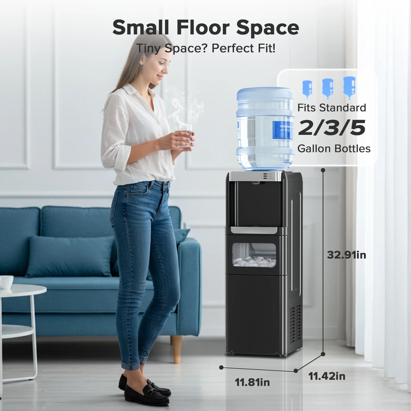 2-5 Gallon Water Dispenser 6-Min Ice Maker, 3-in-1 Hot/Cold/Ice, Child Lock Energy-efficient, for Home/Office, Black(Black) - Image 7