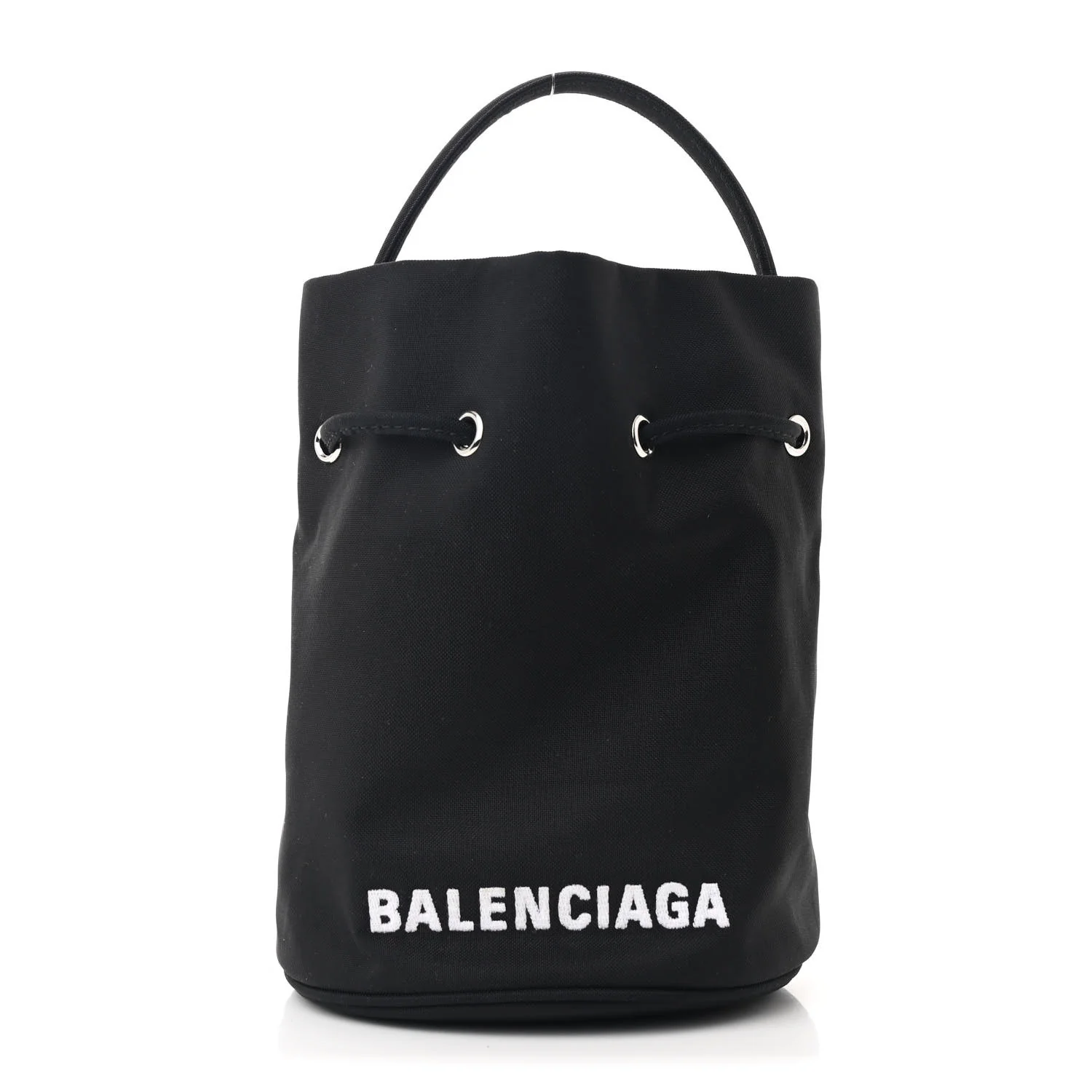 Recycled Sport Nylon Logo Embroidered Wheel Drawstring Bucket Bag Black White