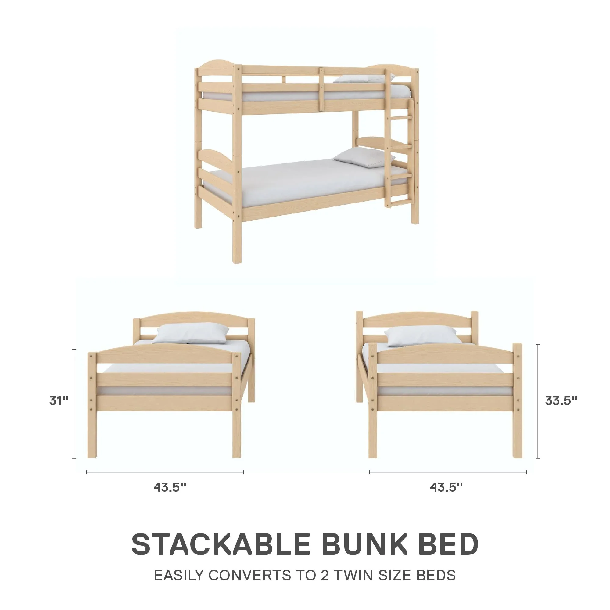 Better Homes & Gardens Leighton Solid Wood Twin-over-Twin Convertible Bunk Bed, Vanilla