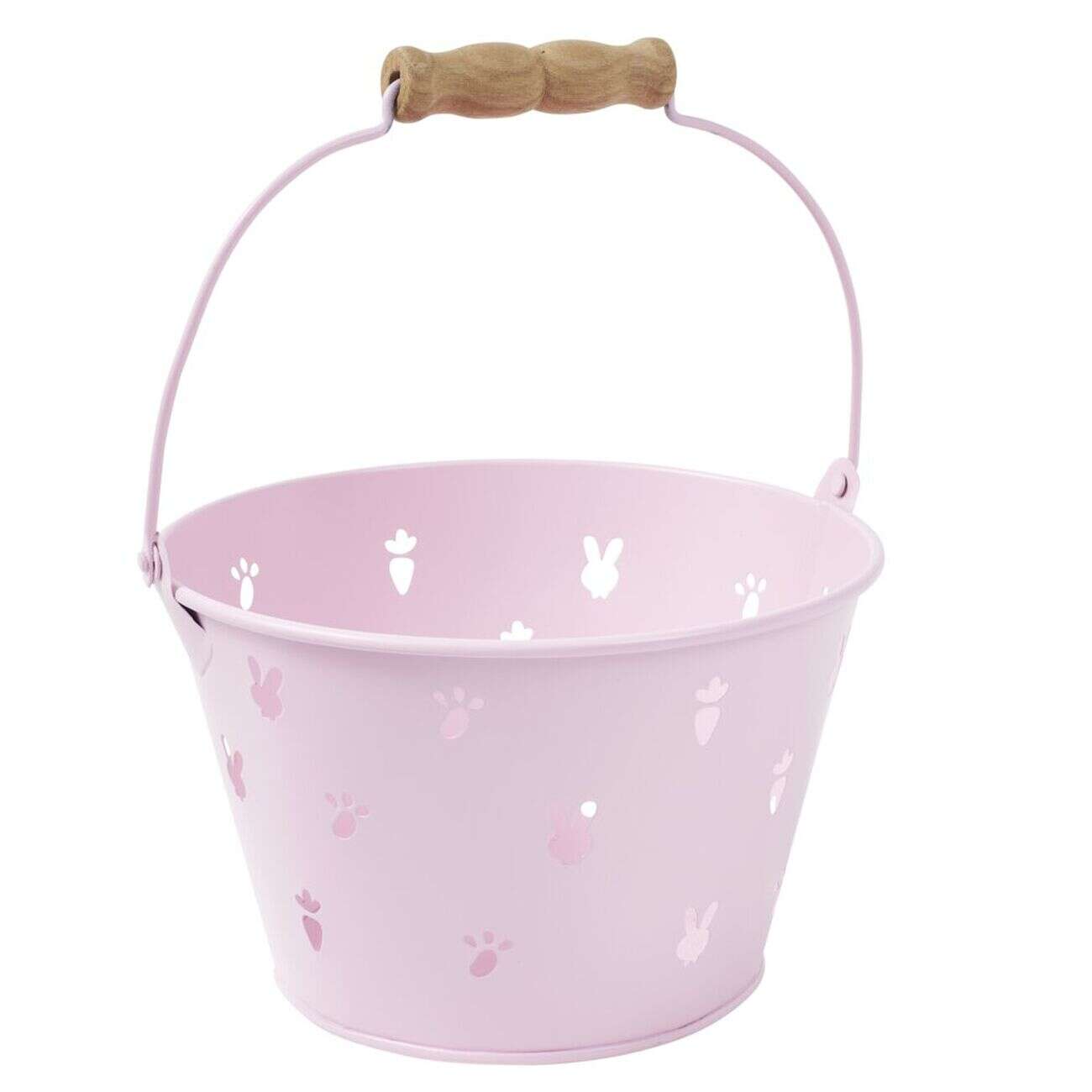 Seau perforé décor lapin métal pastel et poignée bois Ø16xH10cm (3 modèles)