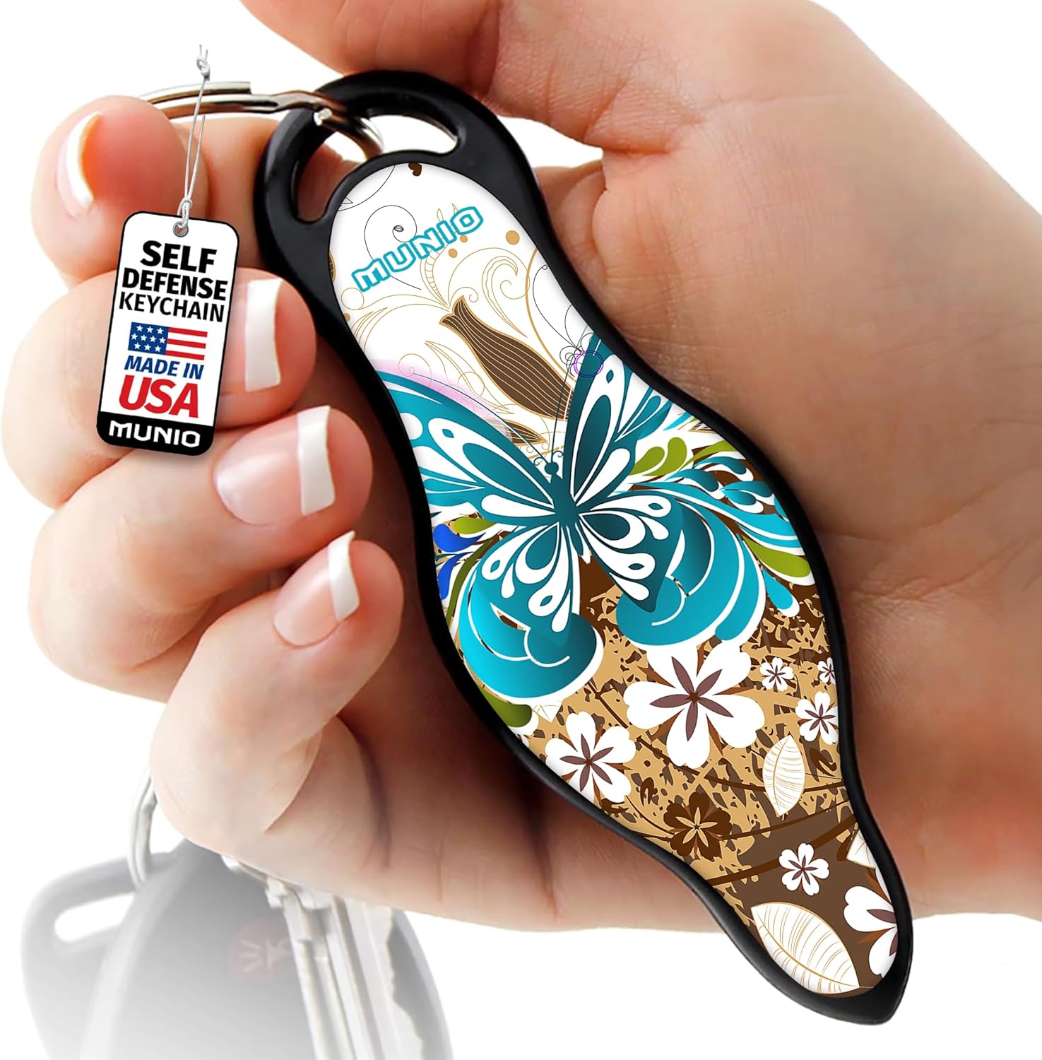 MUNIO Self Defense Keychain – Lightweight, Stylish & Portable Safety Tool for Women & Men – Non-Lethal Kubotan, Easy to Use, TSA Approved – Made in USA – Painted Bloom Design