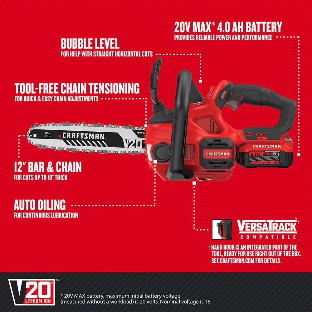 BLACK+DECKER V20 12 Battery Powered Chainsaw, Compact Design, Auto Oiling, Tool Free Tensioning