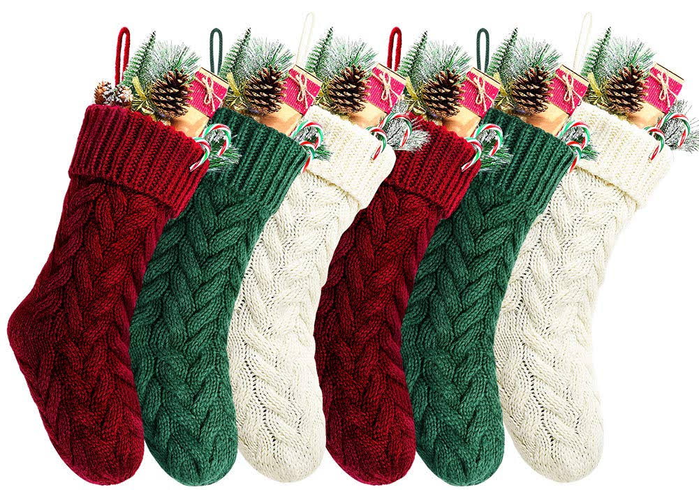 Kunyida 14 Inches Burgundy, Ivory, Green Knitted Christmas Stockings,6 Pack