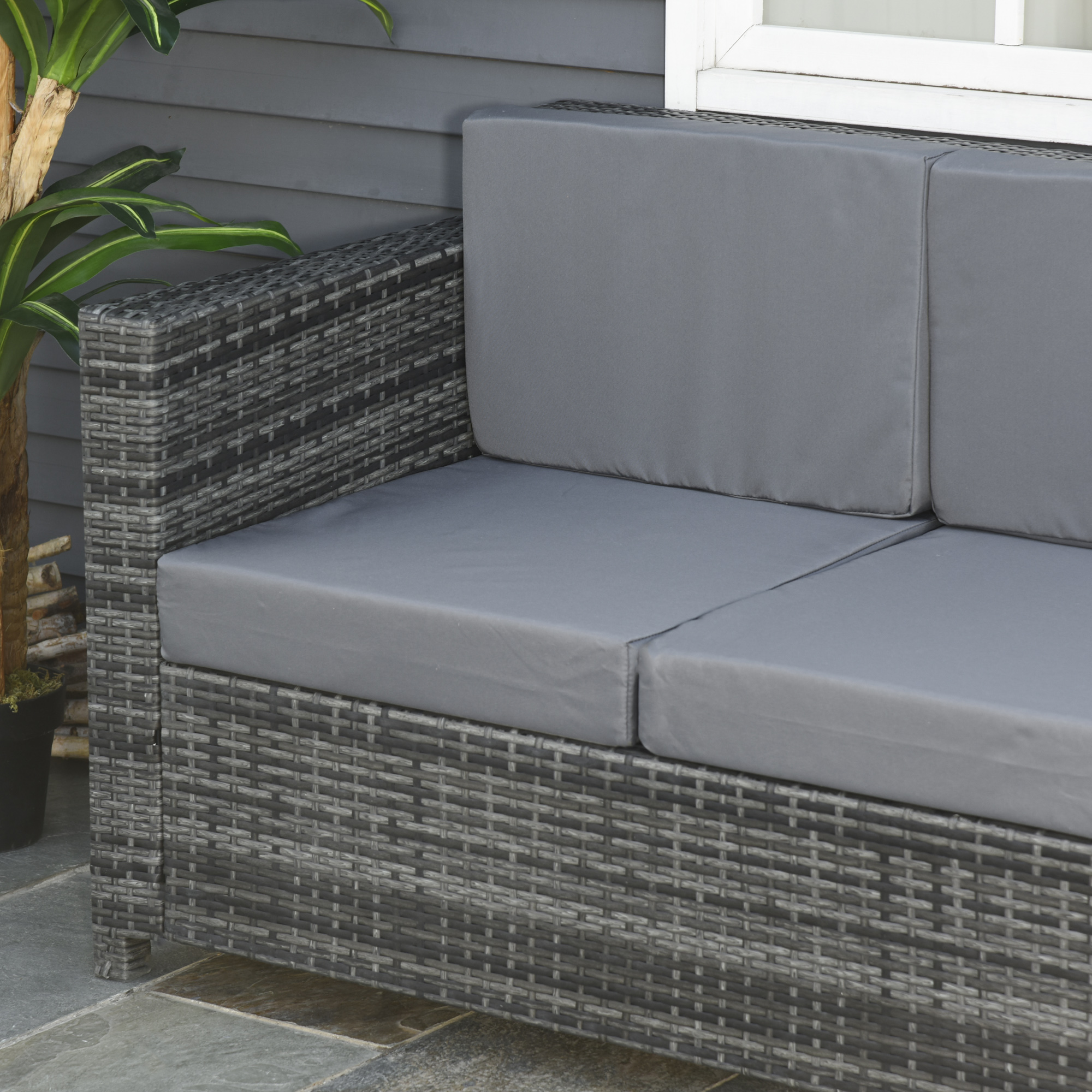 Outsunny Poly-rotan bank met kussens 3-zits loungebank tuin metaal polyester grijs