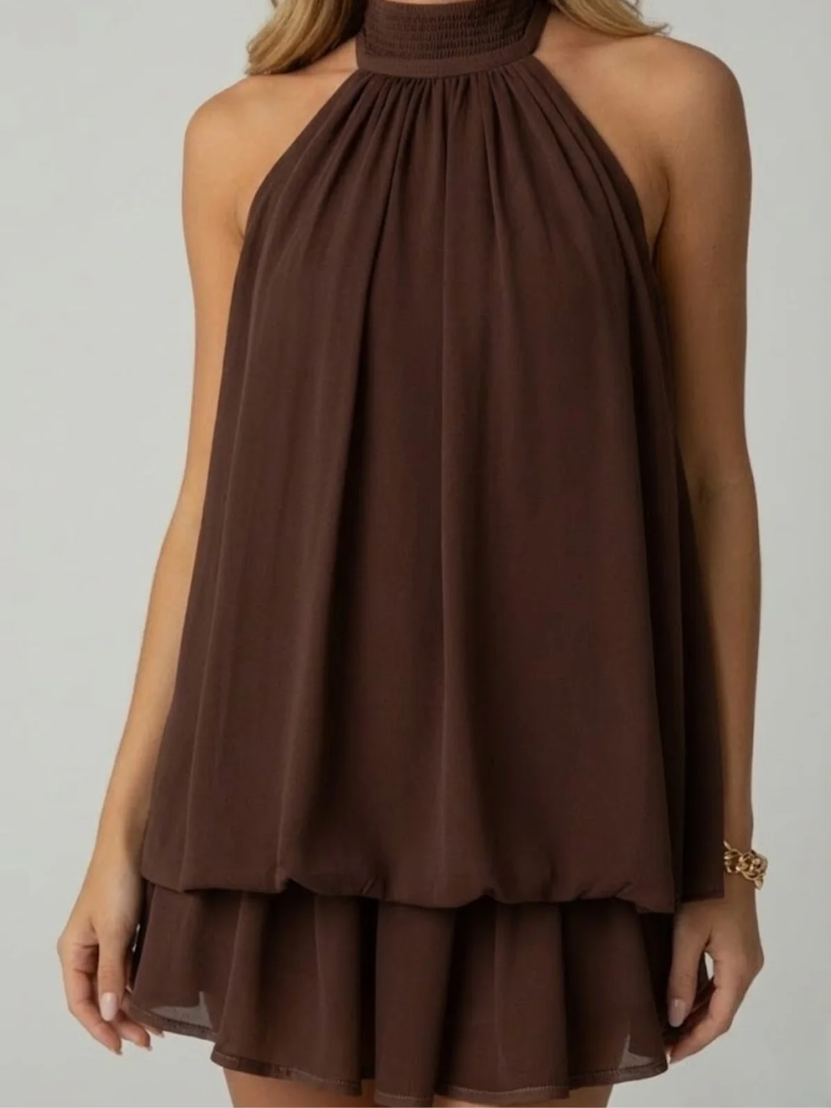 Robe mini sans manches à col licou pour femme avec ourlet à double volant