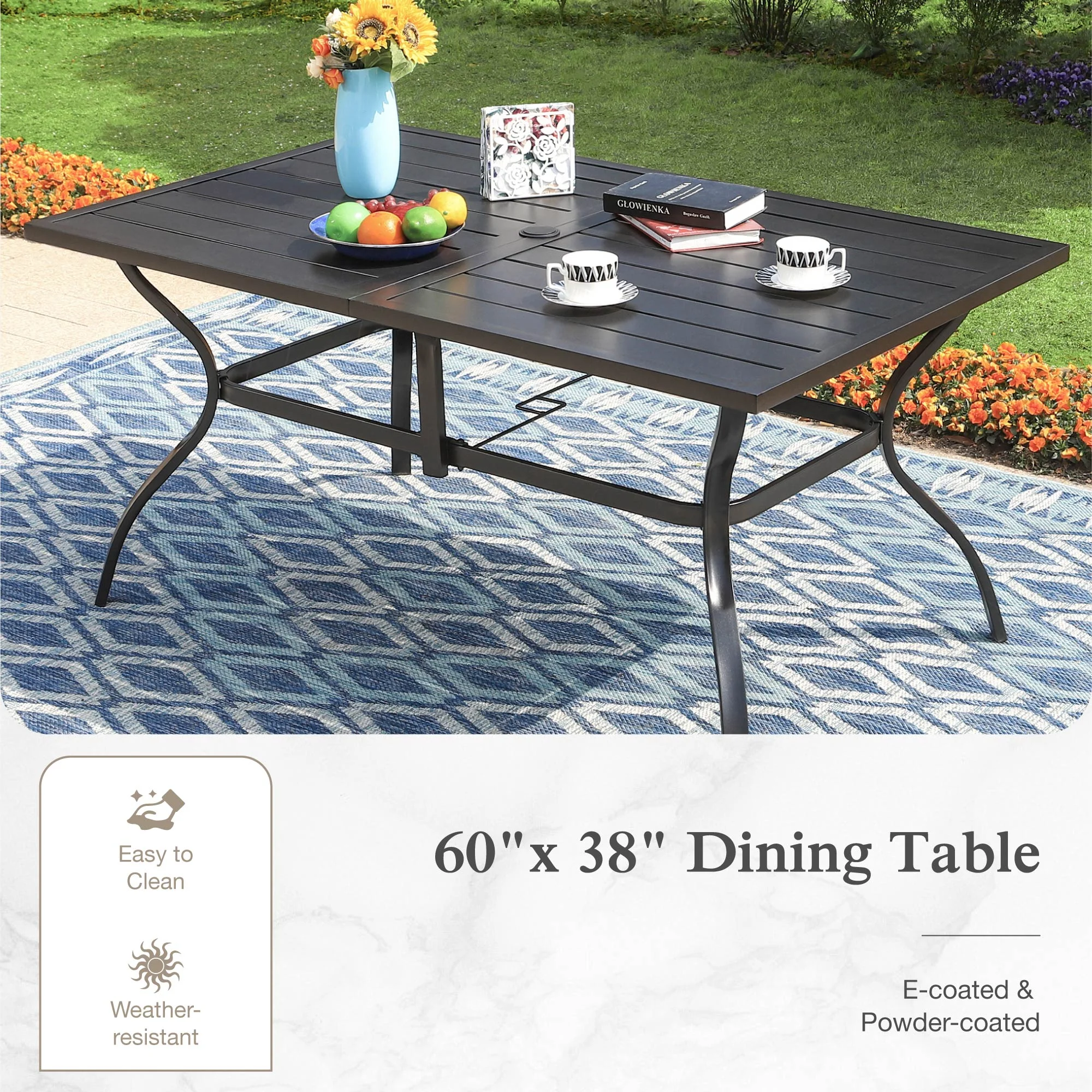 8-Piece Outdoor Patio Dining Set with 13 ft Umbrella, Rattan Chairs Rectangle Table Set for 6, Beige Umbrella(8Pcs-Black/Beige) - Image 10
