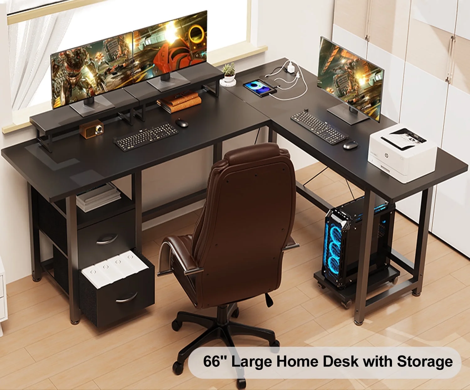 L Shaped Gaming Desk with Power Outlets, Computer Desk with Shelf and Drawers for Home /Office, Black(Black) - Image 8
